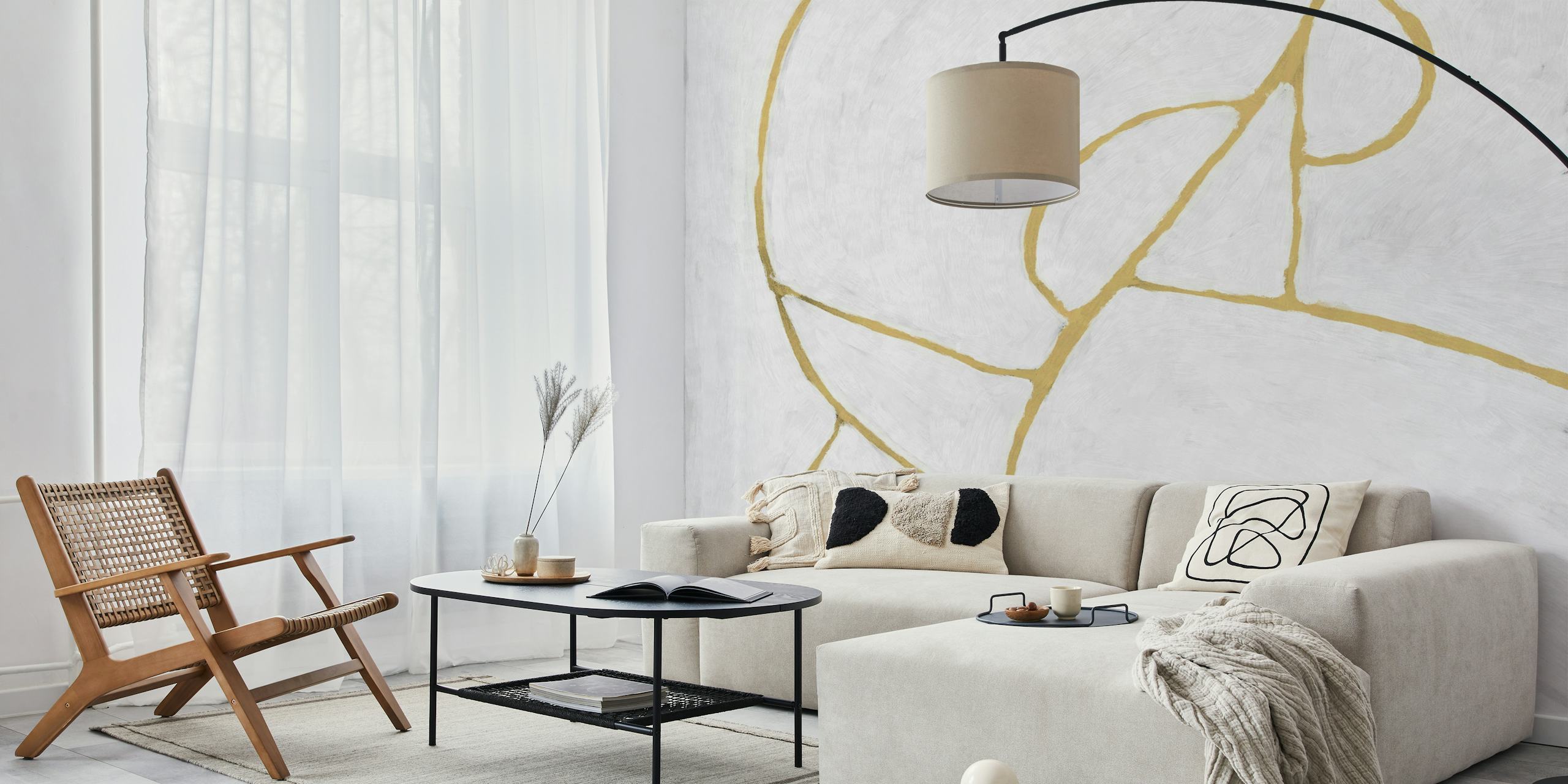 Minimalist geometric wall mural with gold lines on a white background