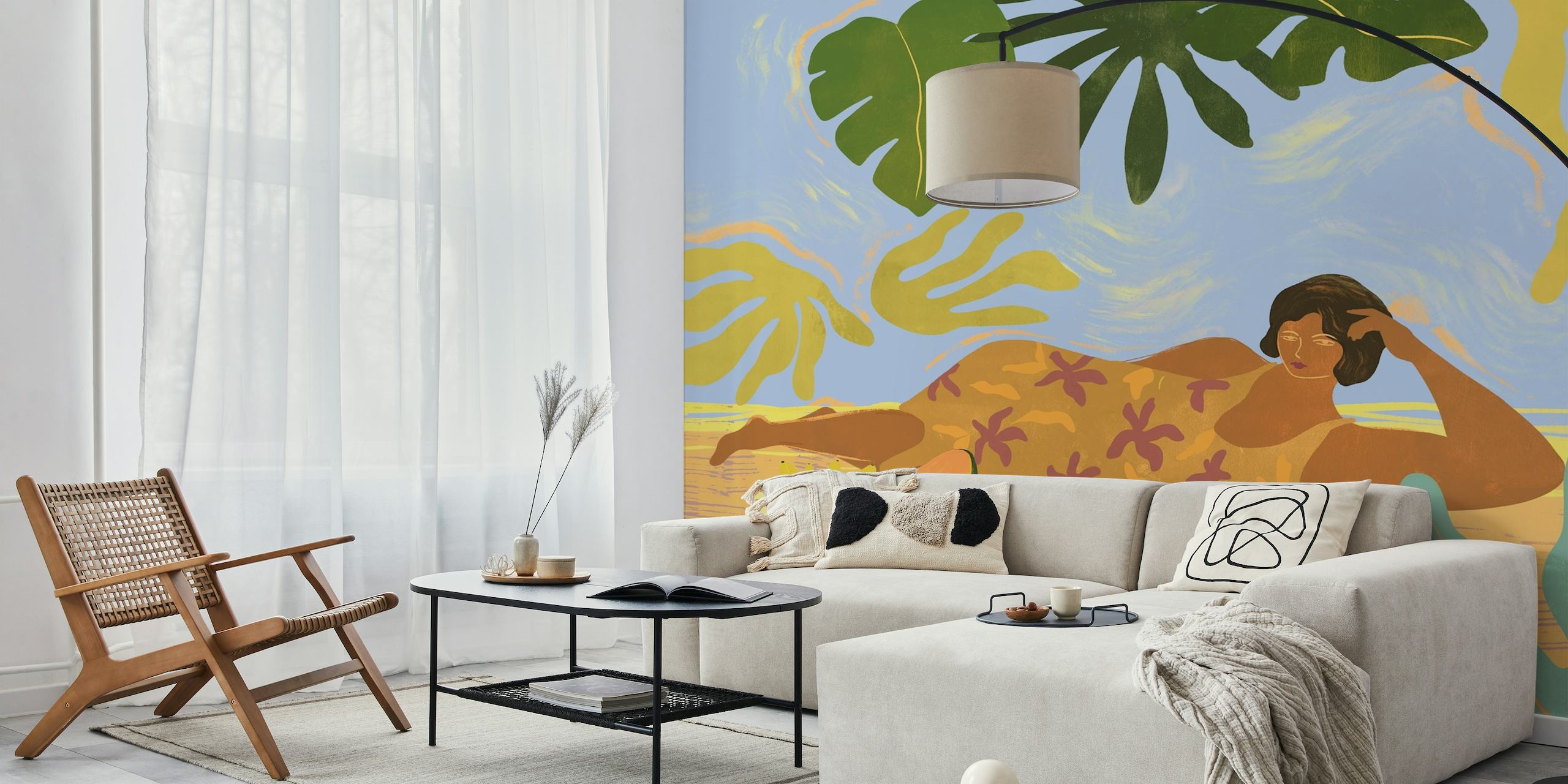 Wall mural of a person relaxing surrounded by tropical plants and abstract shapes