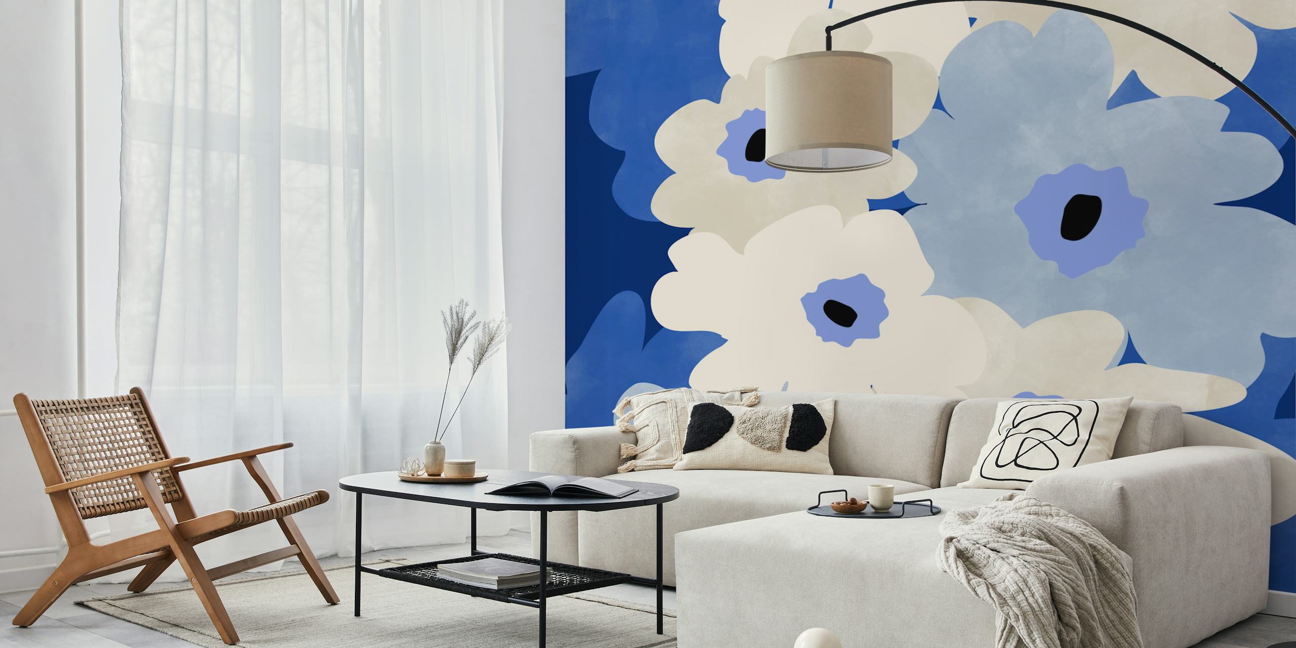 Indigo en witte bloemen muurschildering in een beeldverhouding van 3x4