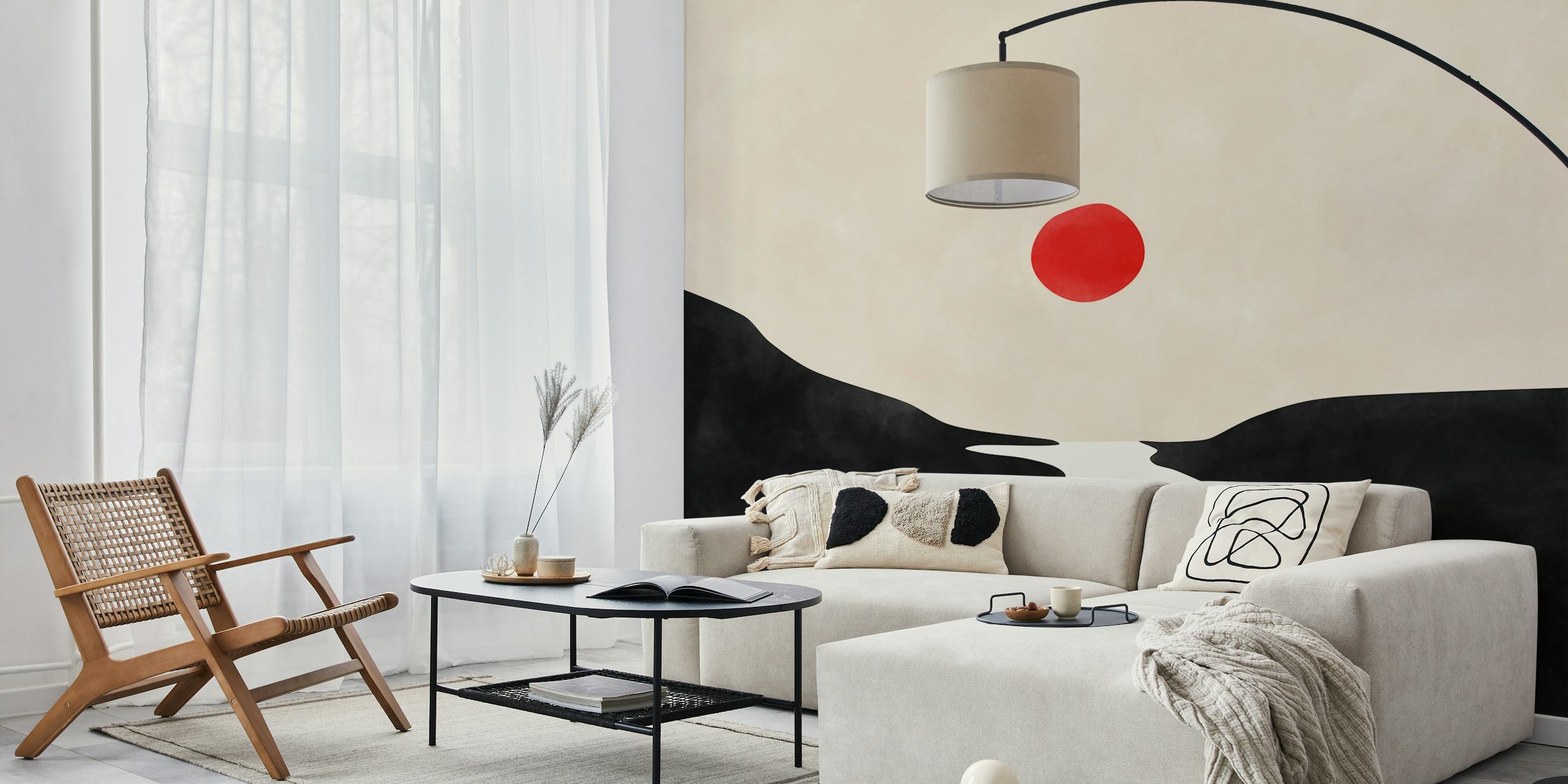 Abstrakcyjna fototapeta z czarnym, beżowym i czerwonym kółkiem