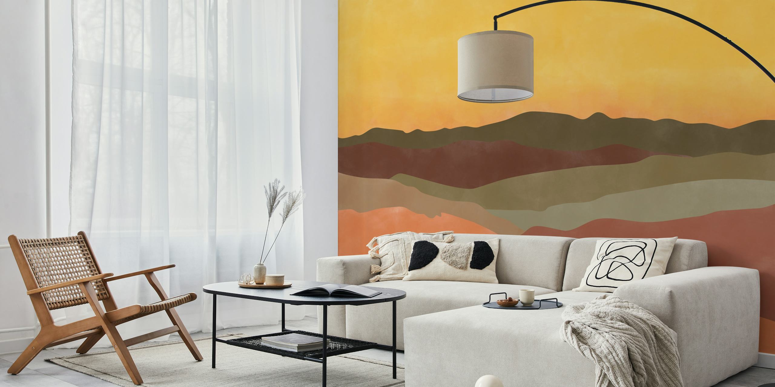 Abstract colorful landscape wall mural with layered hills in shades of red, orange, and grey.