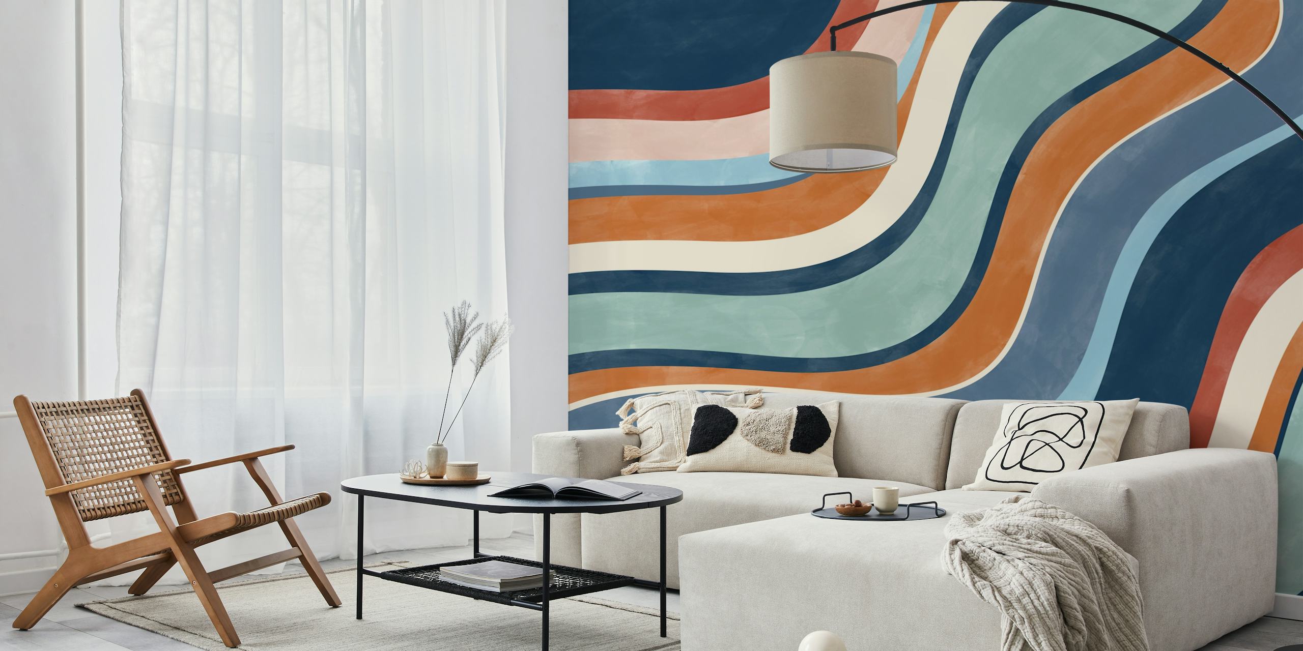 Colorful retro wave pattern in blue, orange, and cream wallpaper