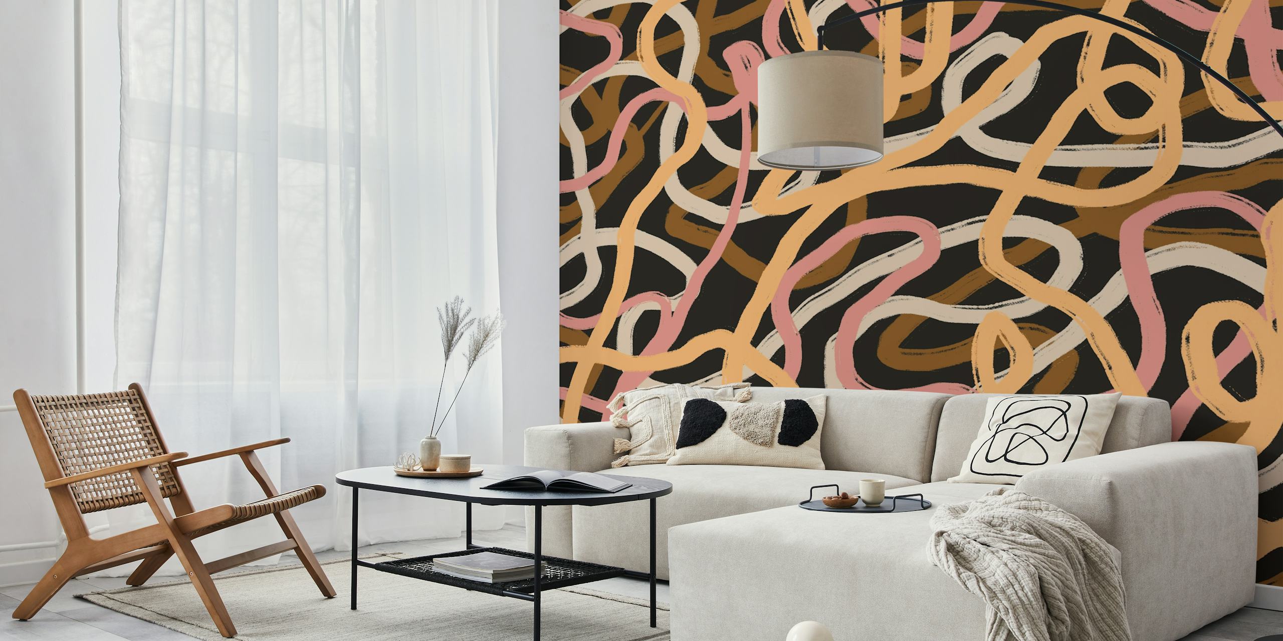 Abstract wavy lines in pink, tan, and cream on black wallpaper