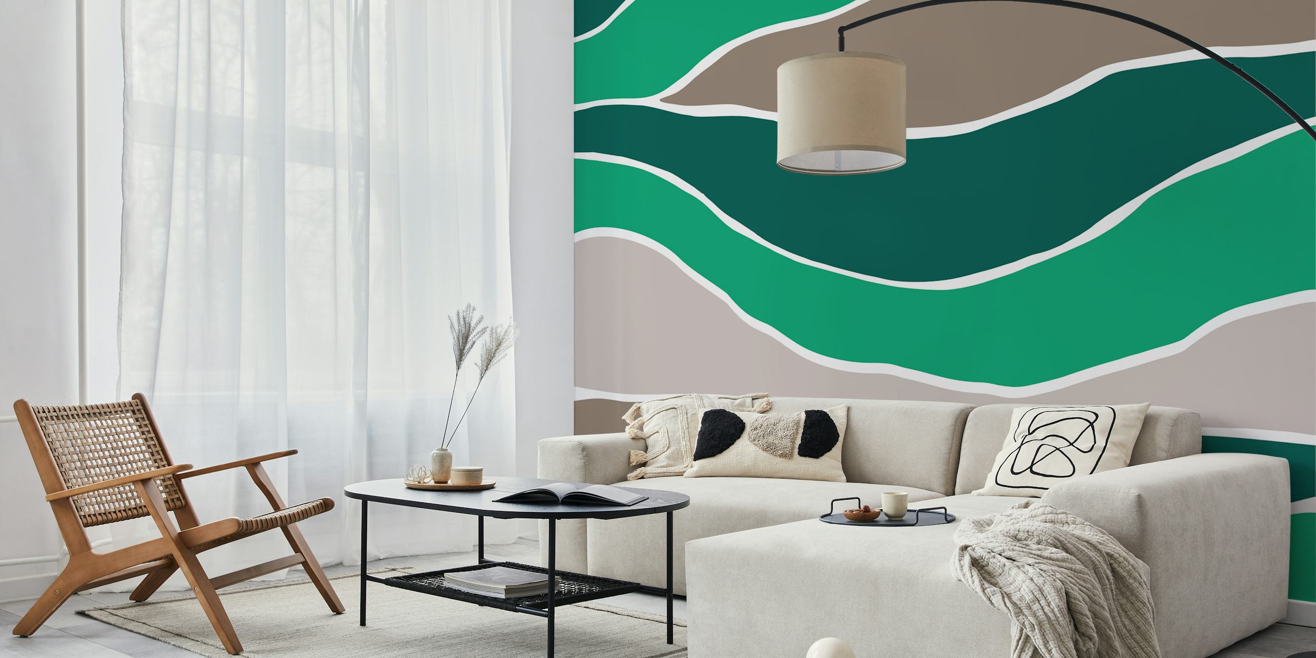 Abstract wave pattern in moss green and mocha tones wallpaper