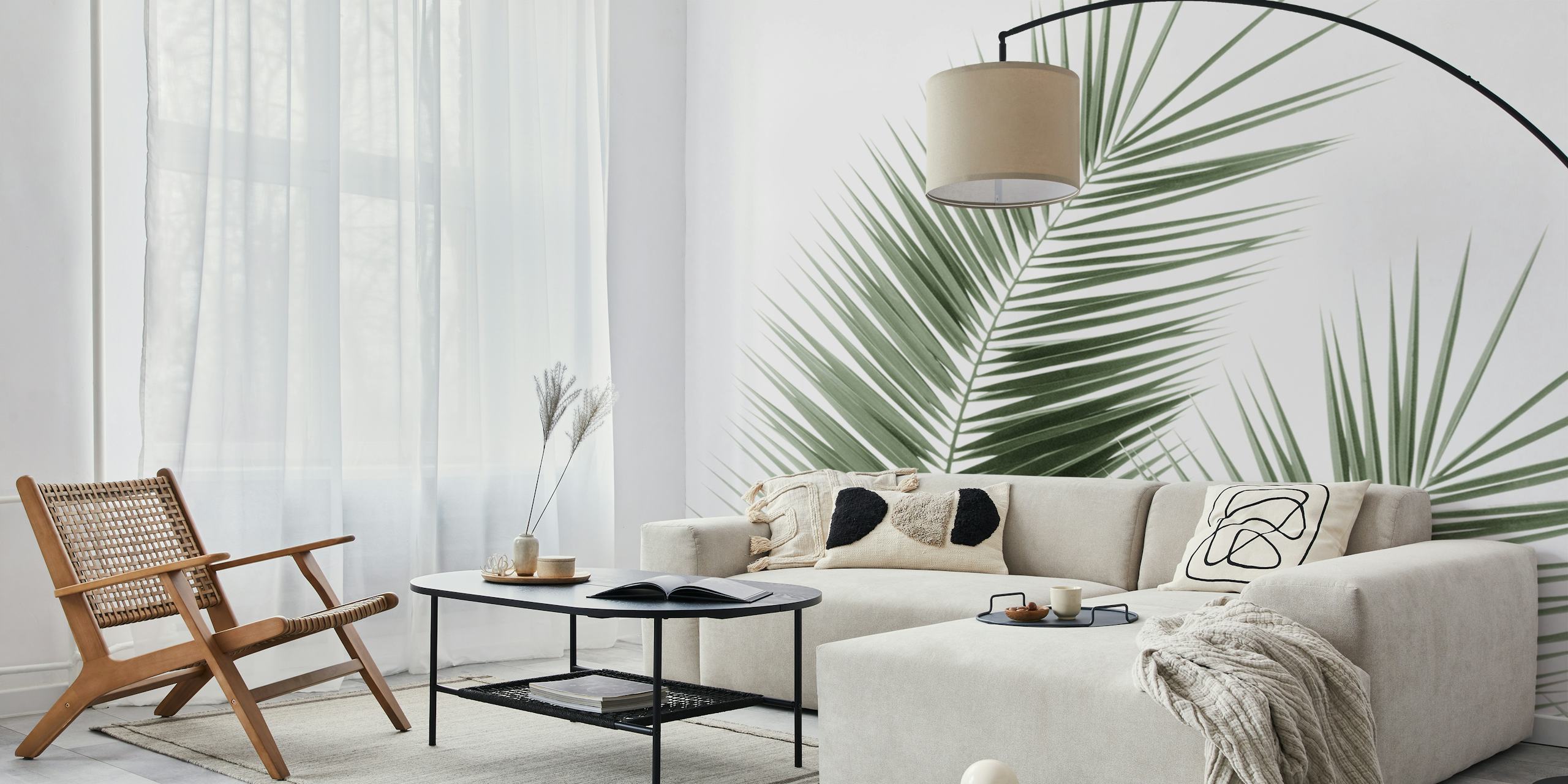 Olive Green Palm Leaves Tapete in einem Raum