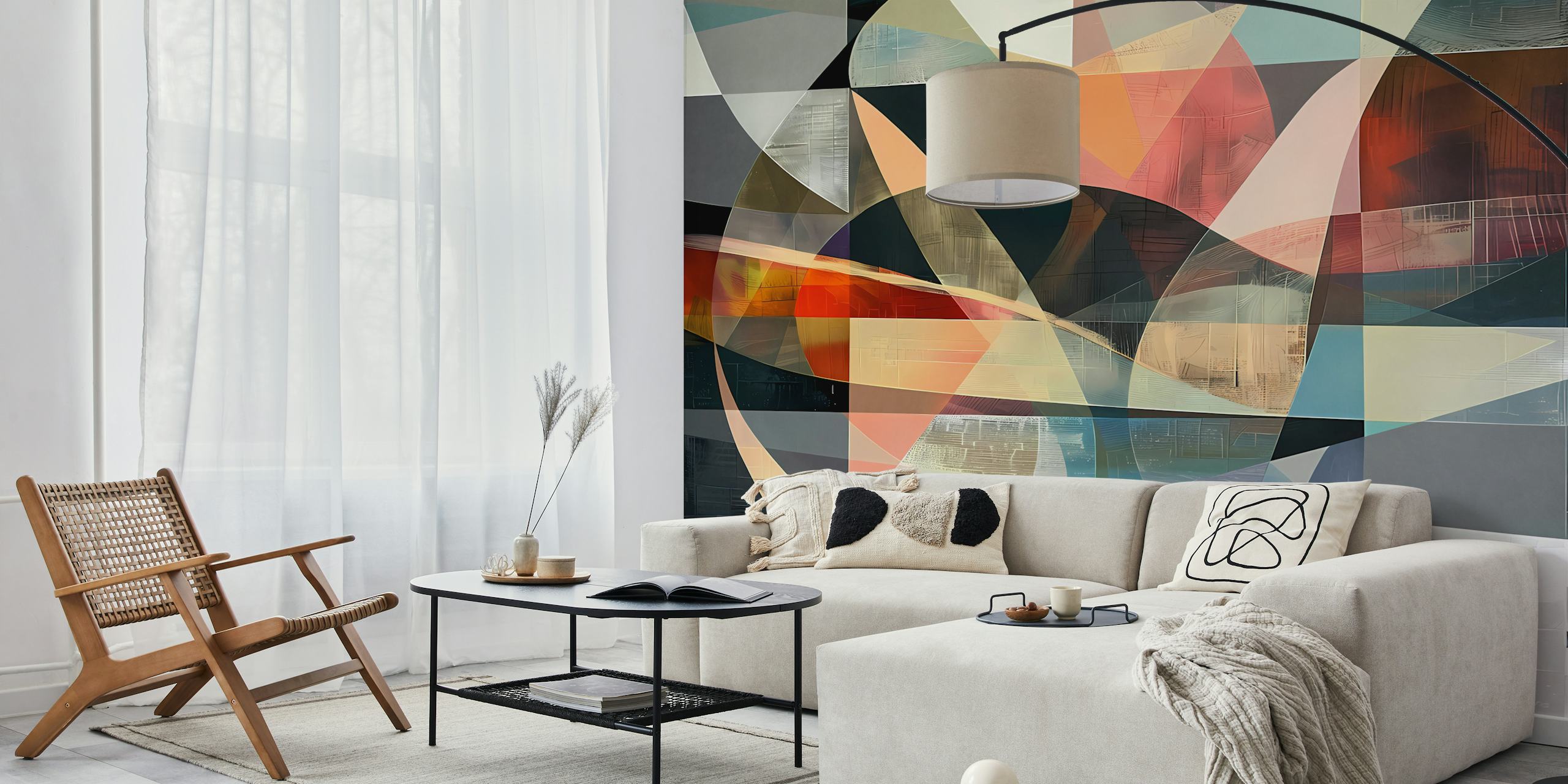 Colorful overlapping shapes wallpaper in a room