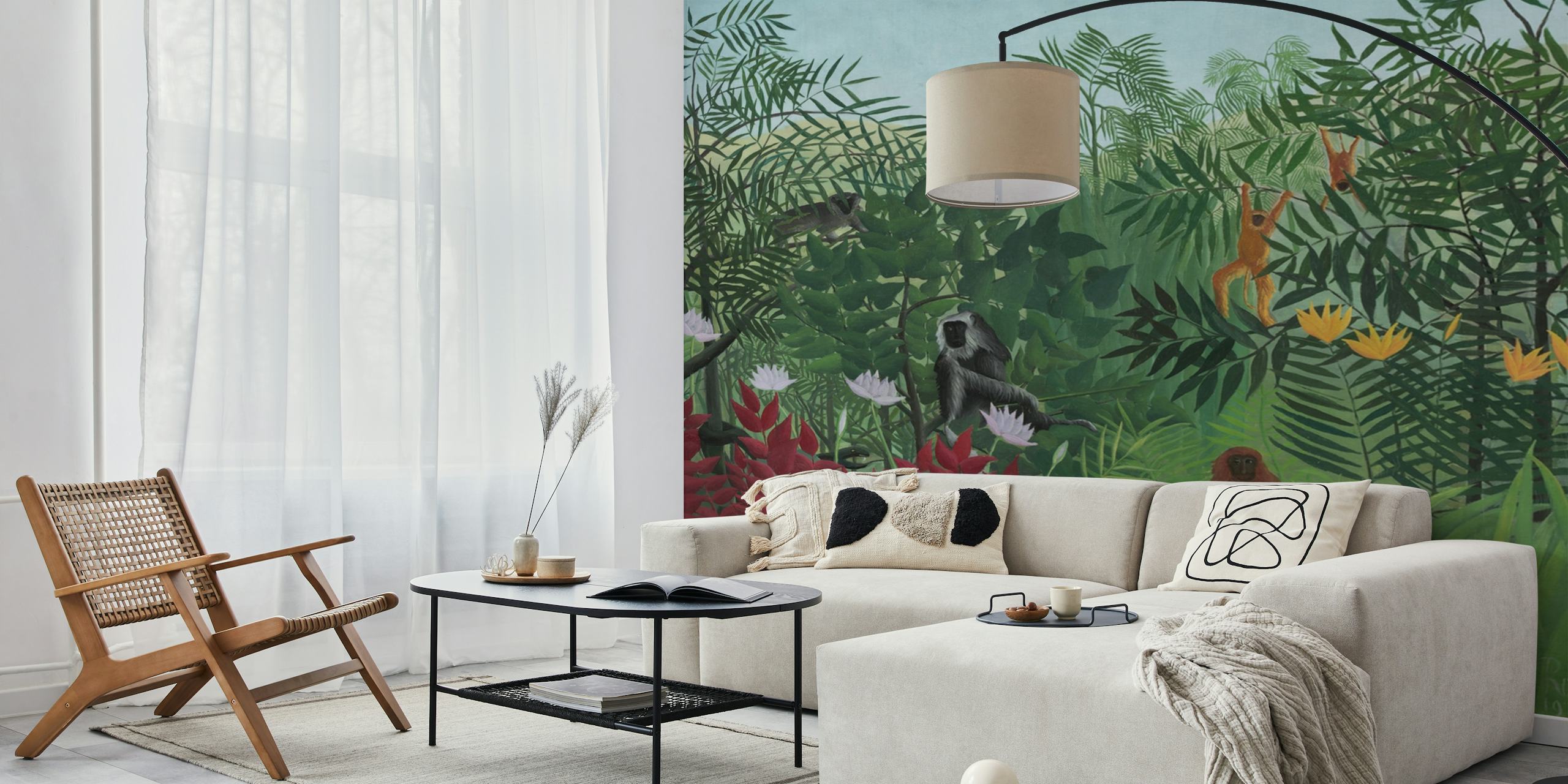 Wall mural depicting a tropical forest scene with monkeys, inspired by Henri Rousseau's art style.