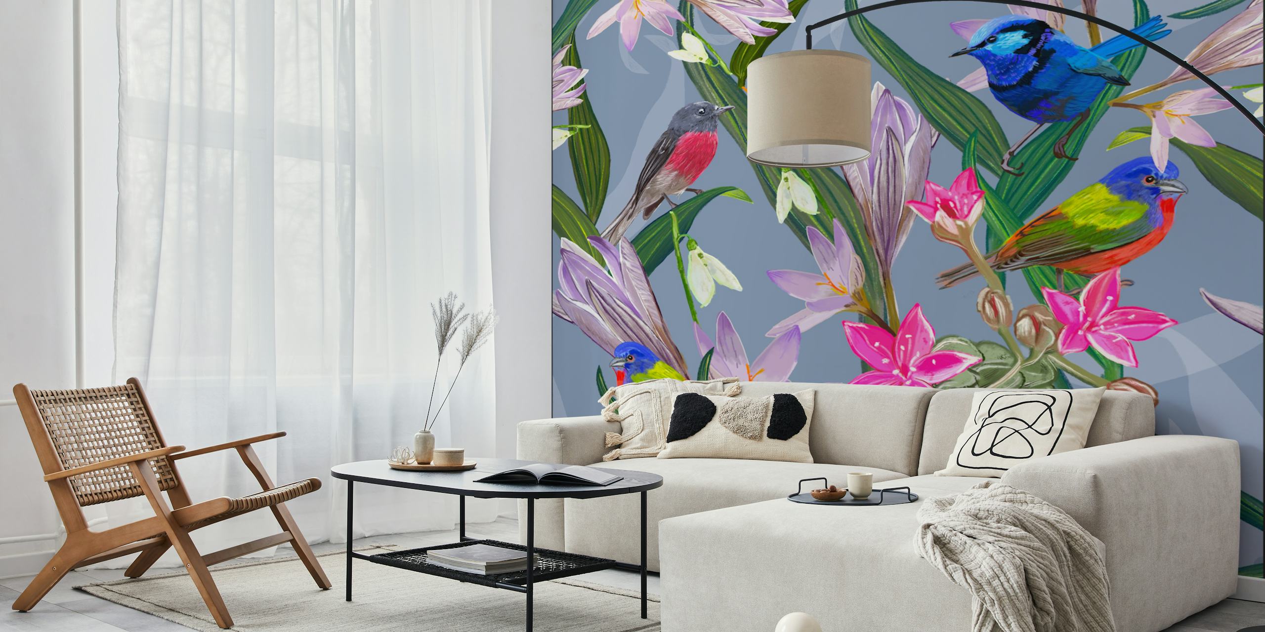 Colorful birds among flowers and leaves wallpaper