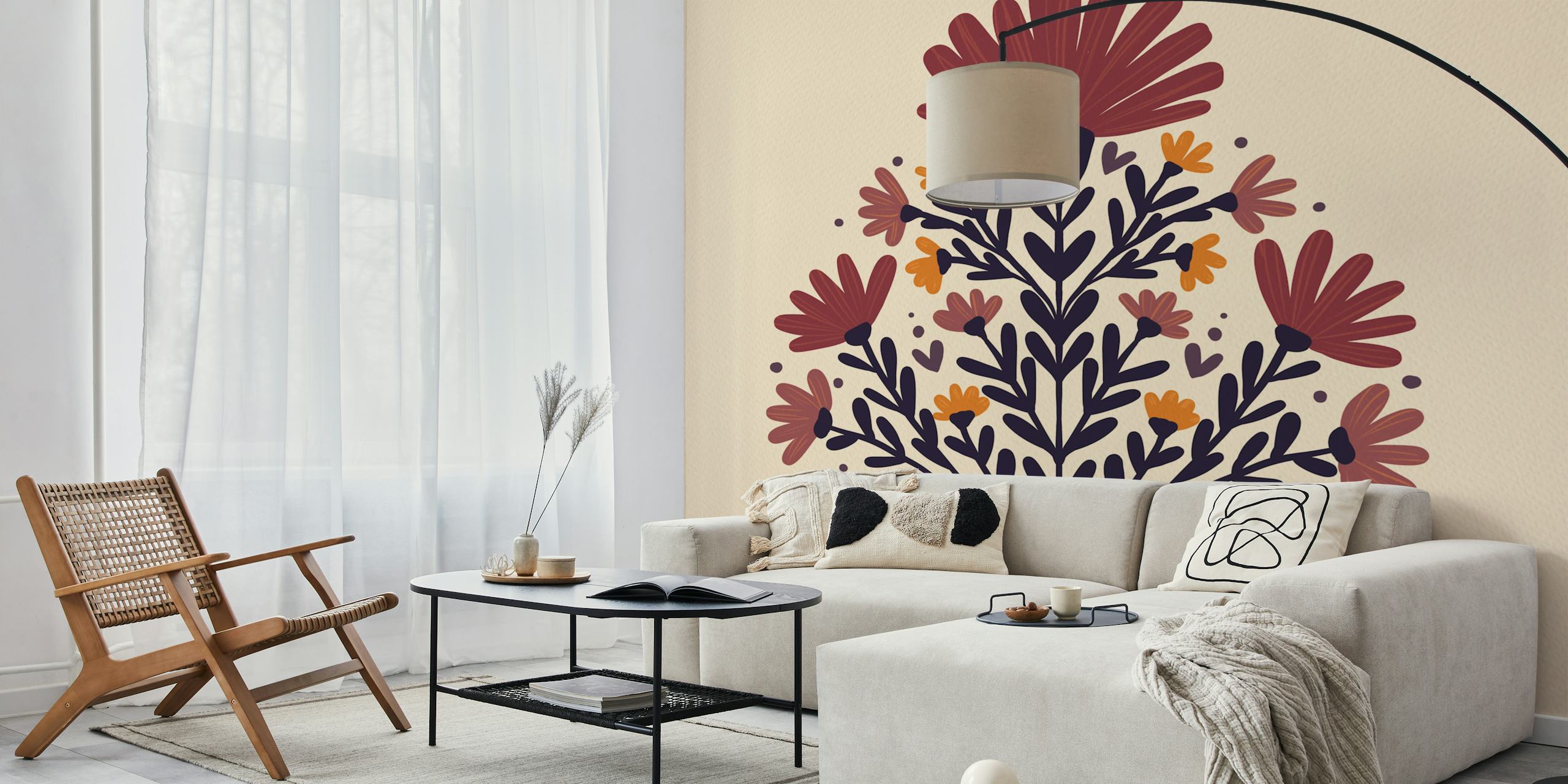 Symmetrical floral bouquet design in burgundy and yellow shades wallpaper