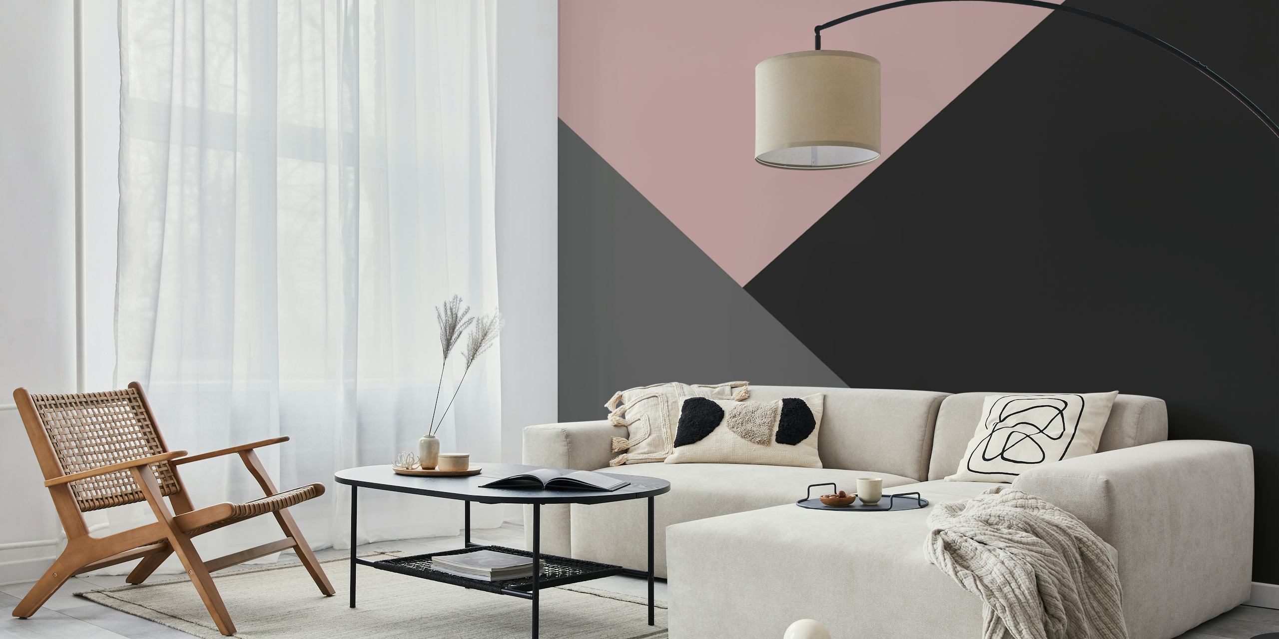 Geometric patterns in dusty blush, charcoal, and gray wallpaper.