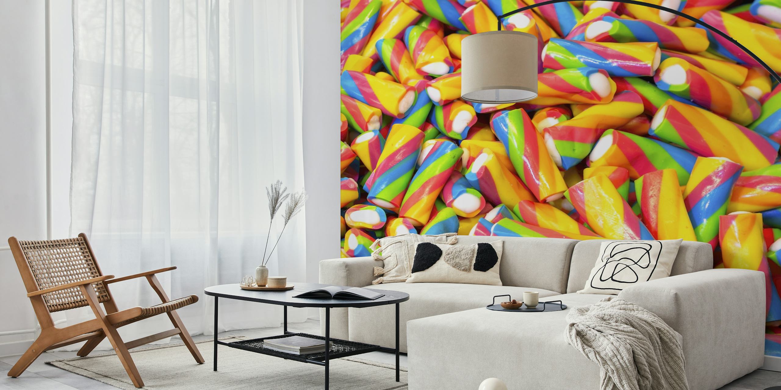 Colorful candy-striped design in bright yellow, red, blue, and green wallpaper