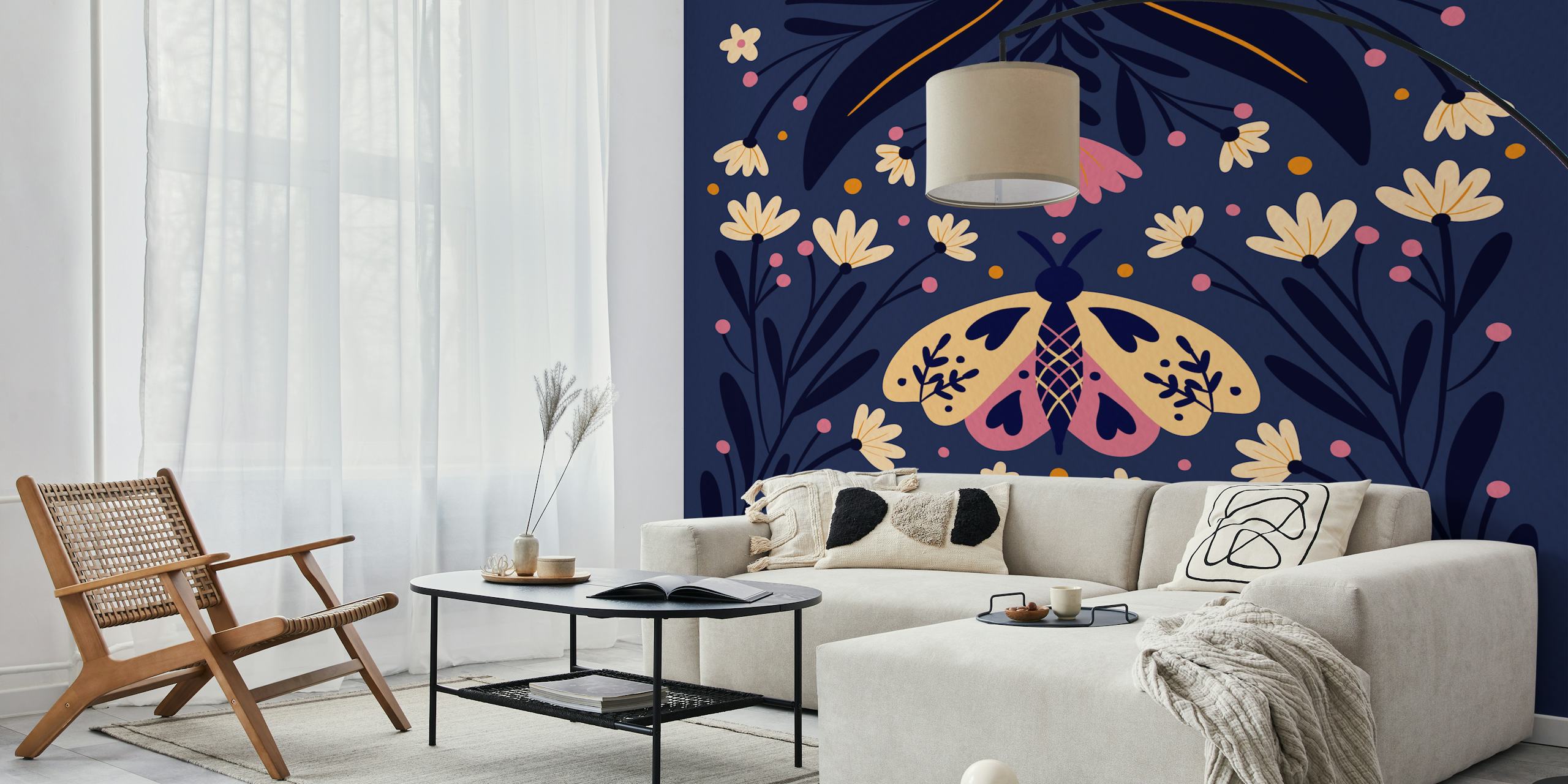 Folk Art Moth wallpaper koristeellisessa huoneessa