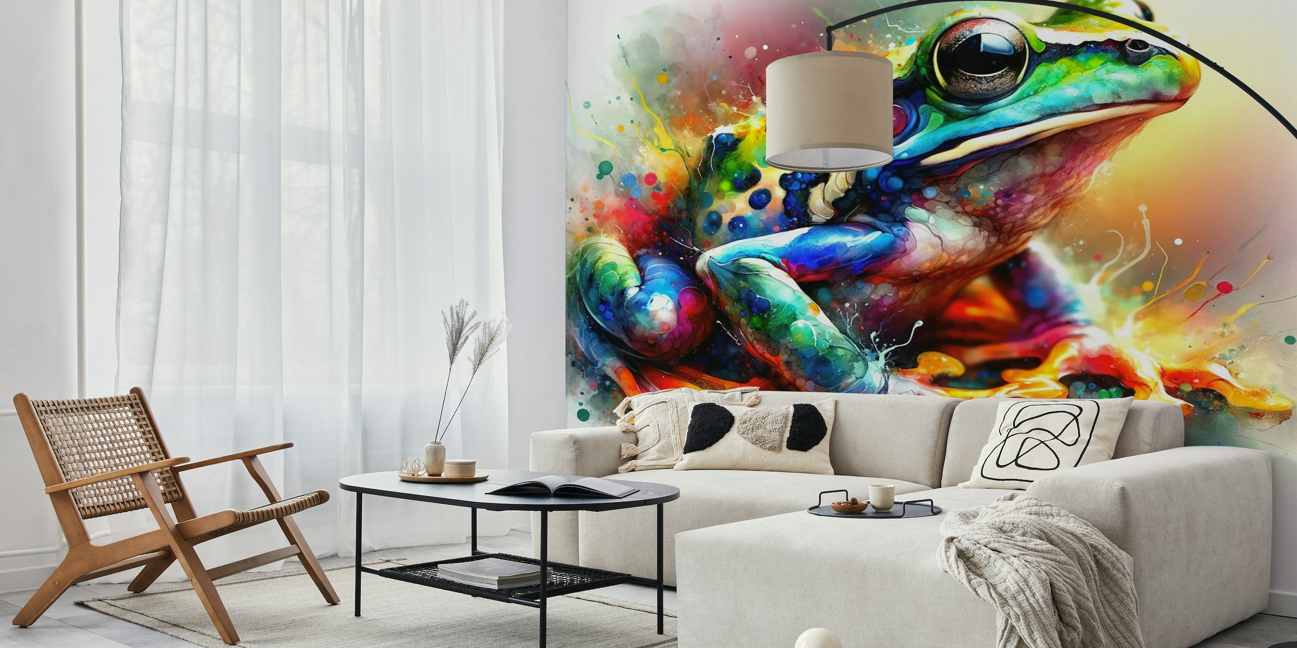 Colorful watercolor frog wall mural with abstract paint drips