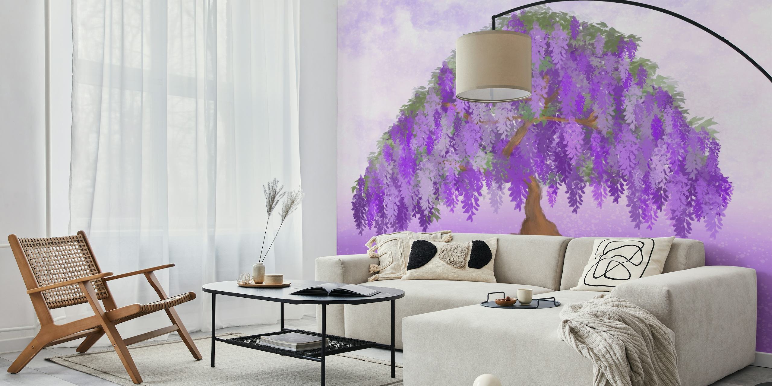 Mural de pared Wisteria Bonsai Tree que representa un bonsái en plena floración con un fondo de color púrpura suave