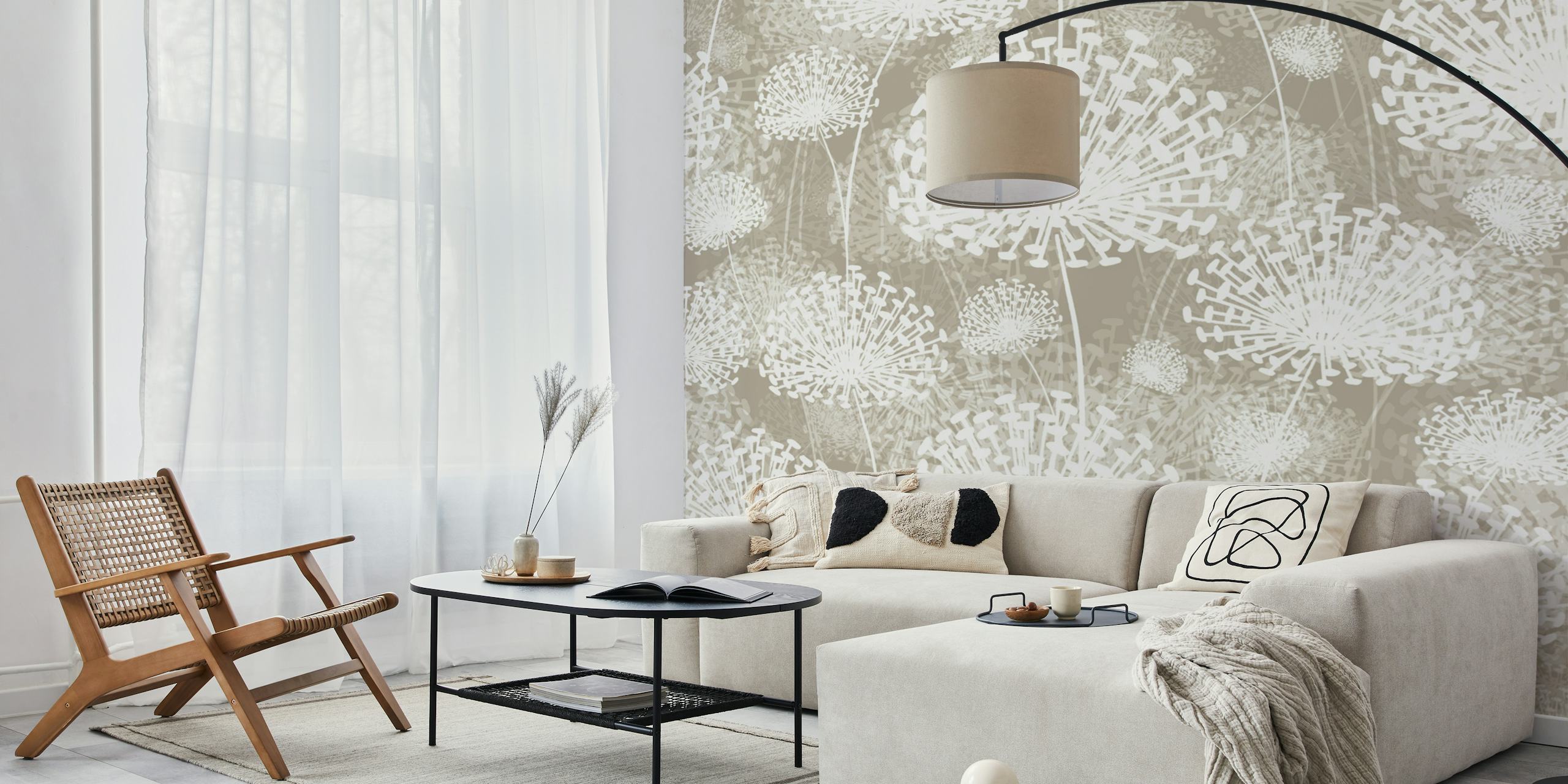 Beige floral dandelion pattern wallpaper