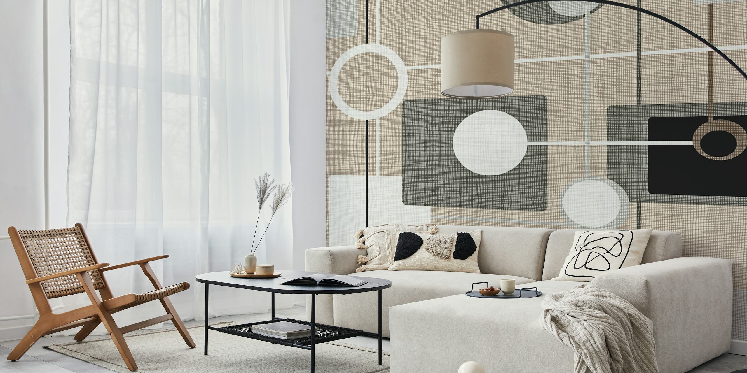 Geometric beige wallpaper with circles and squares