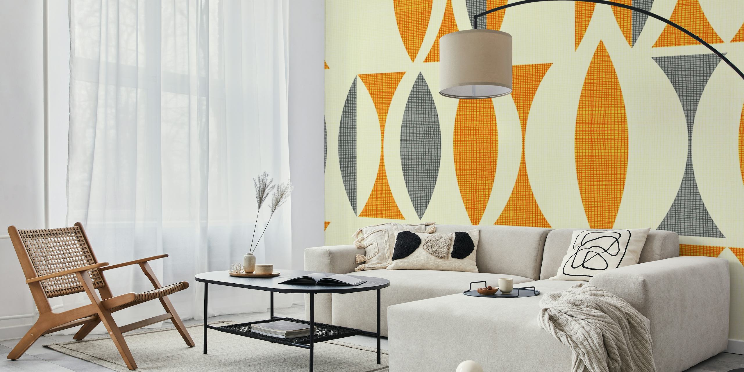 Vintage orange, grey, and cream leaf-like patterned wall mural 'Field in Color'.