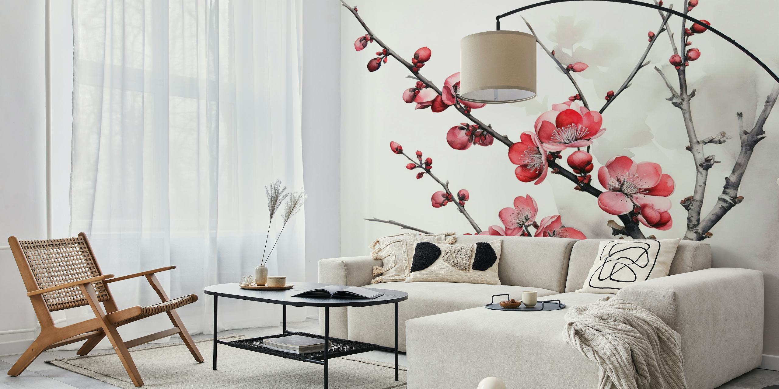 Ink Cherry Blossoms wall mural with pink flowers on a muted background