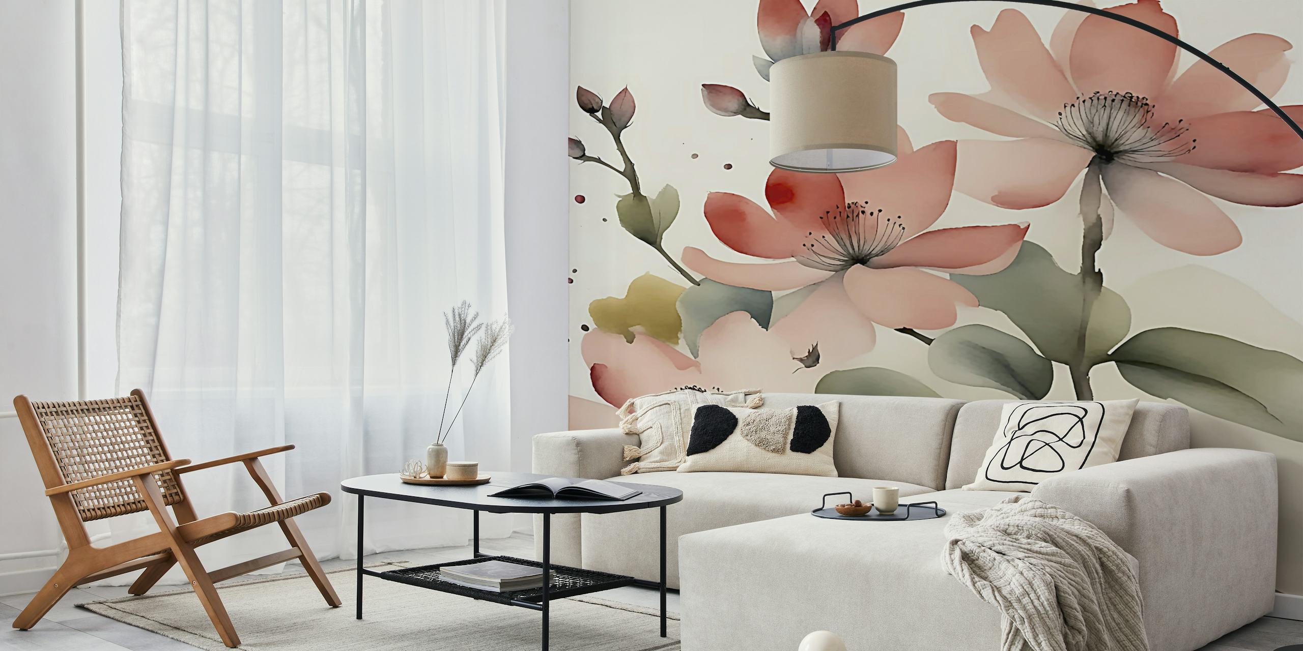Pink Wabi Sabi floral wallpaper with blush petals and leaves