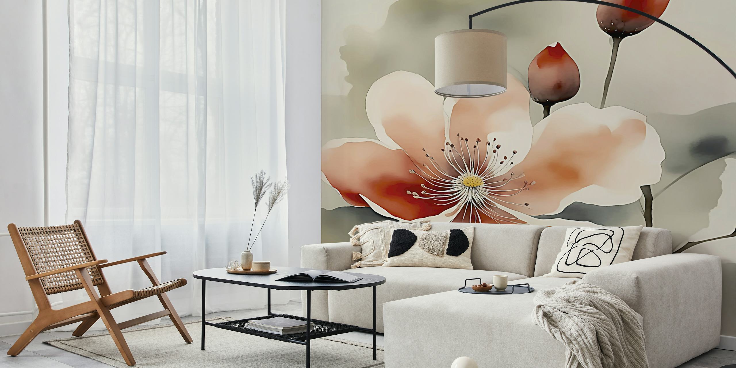 Élégante fresque murale florale zen japonaise avec un fond aquarelle doux et une fleur sereine