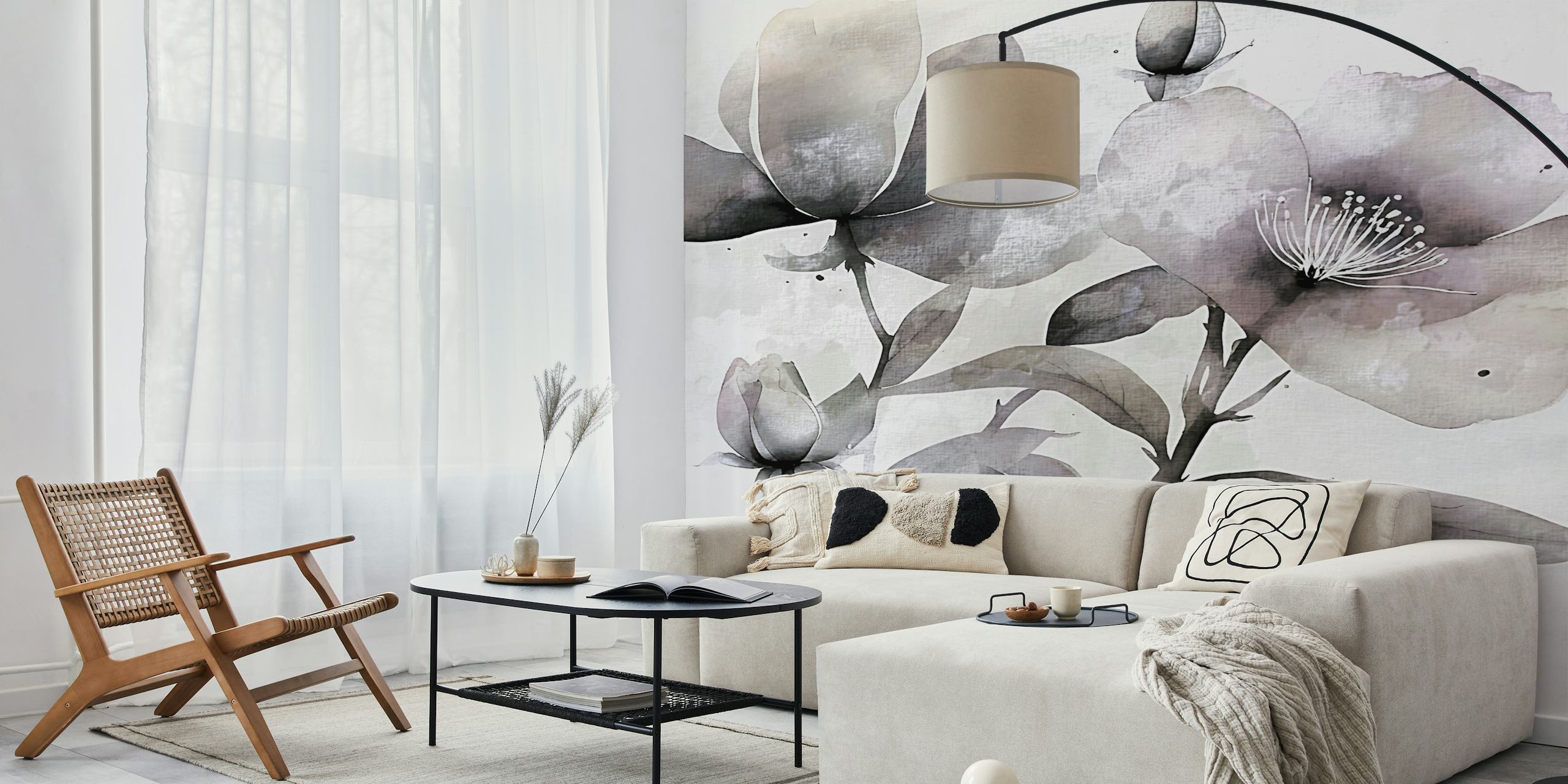 Black and white floral design with soft petals and leaves wallpaper