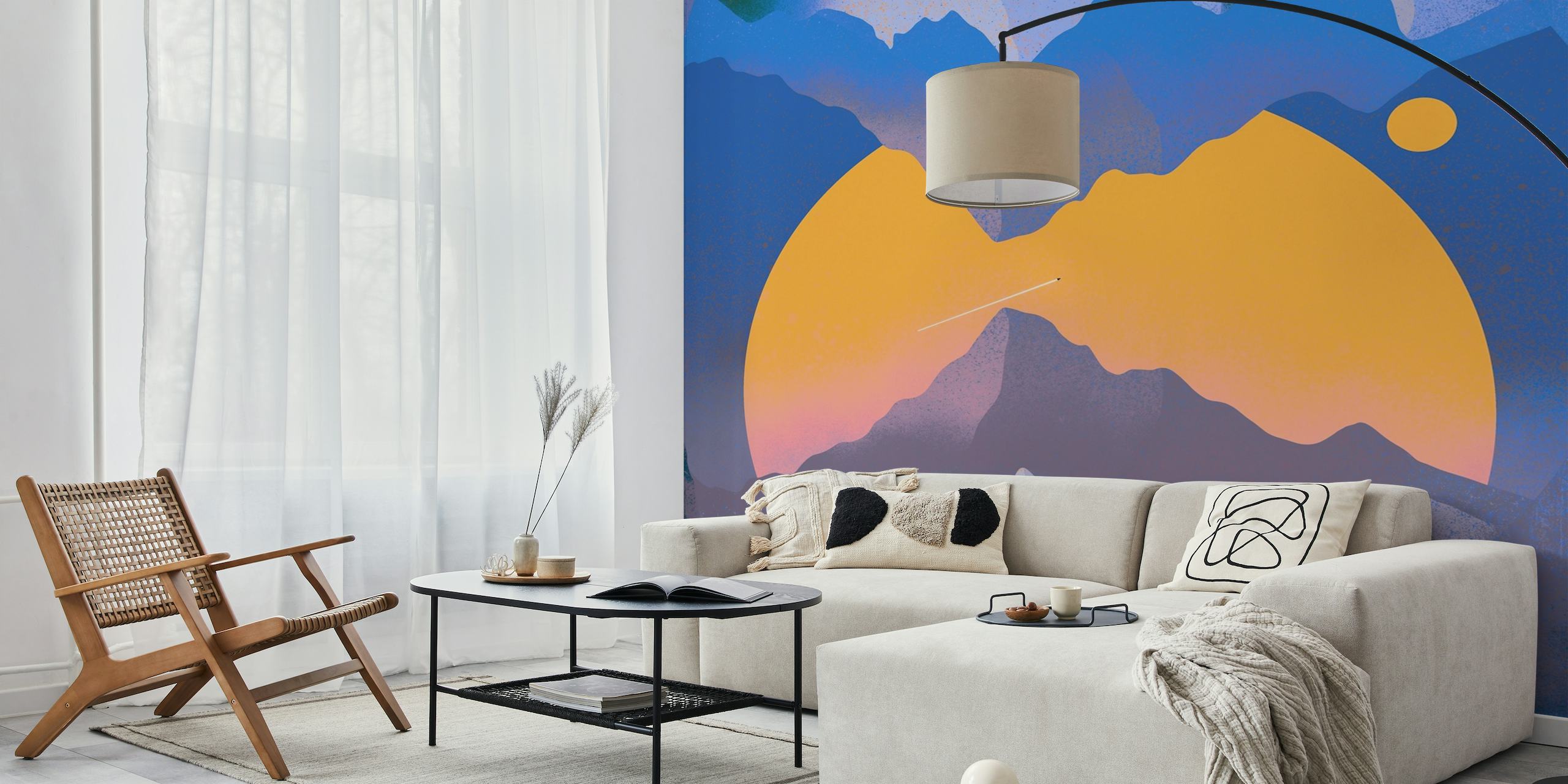 Mural abstracto de temática espacial con montañas y un estilizado planeta naranja