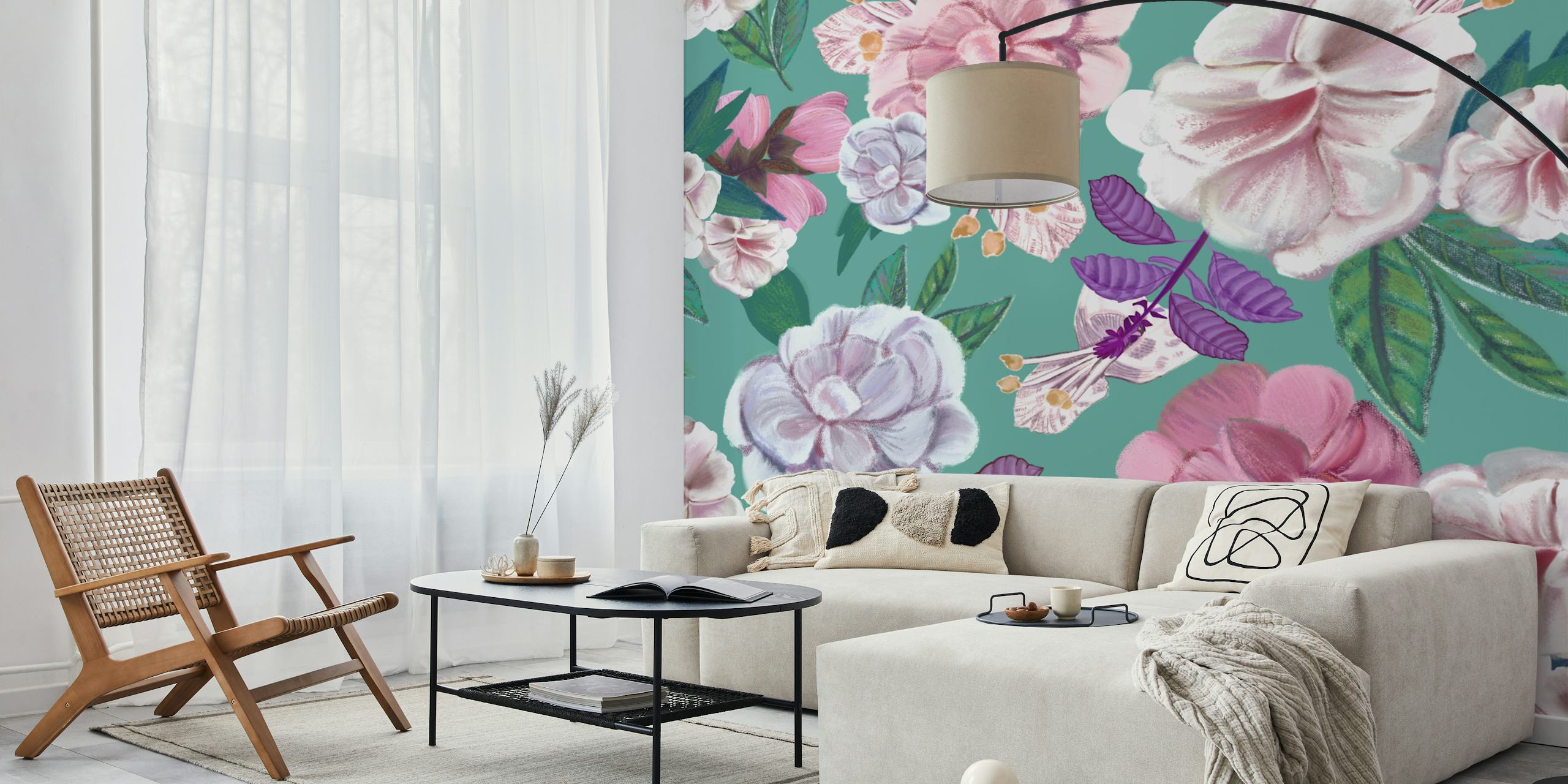 Basil flowers and roses in soft pink and white on turquoise wallpaper