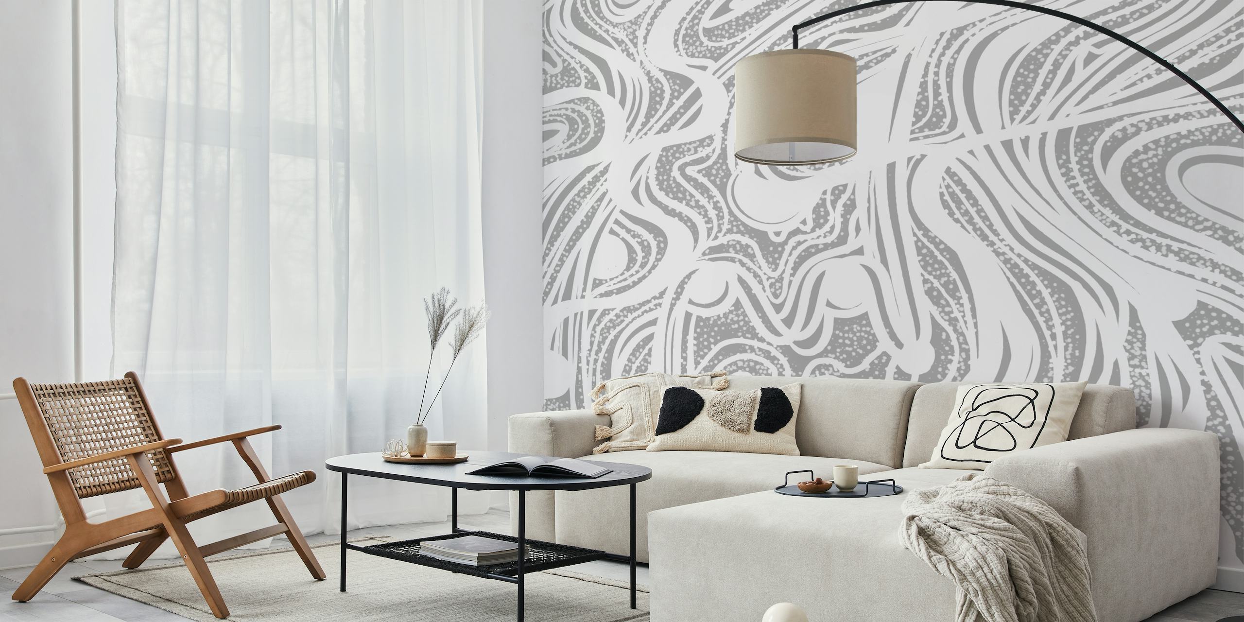 Mural de pared monocromático abstracto de arena blanca con patrones de remolinos orgánicos y texturas granuladas