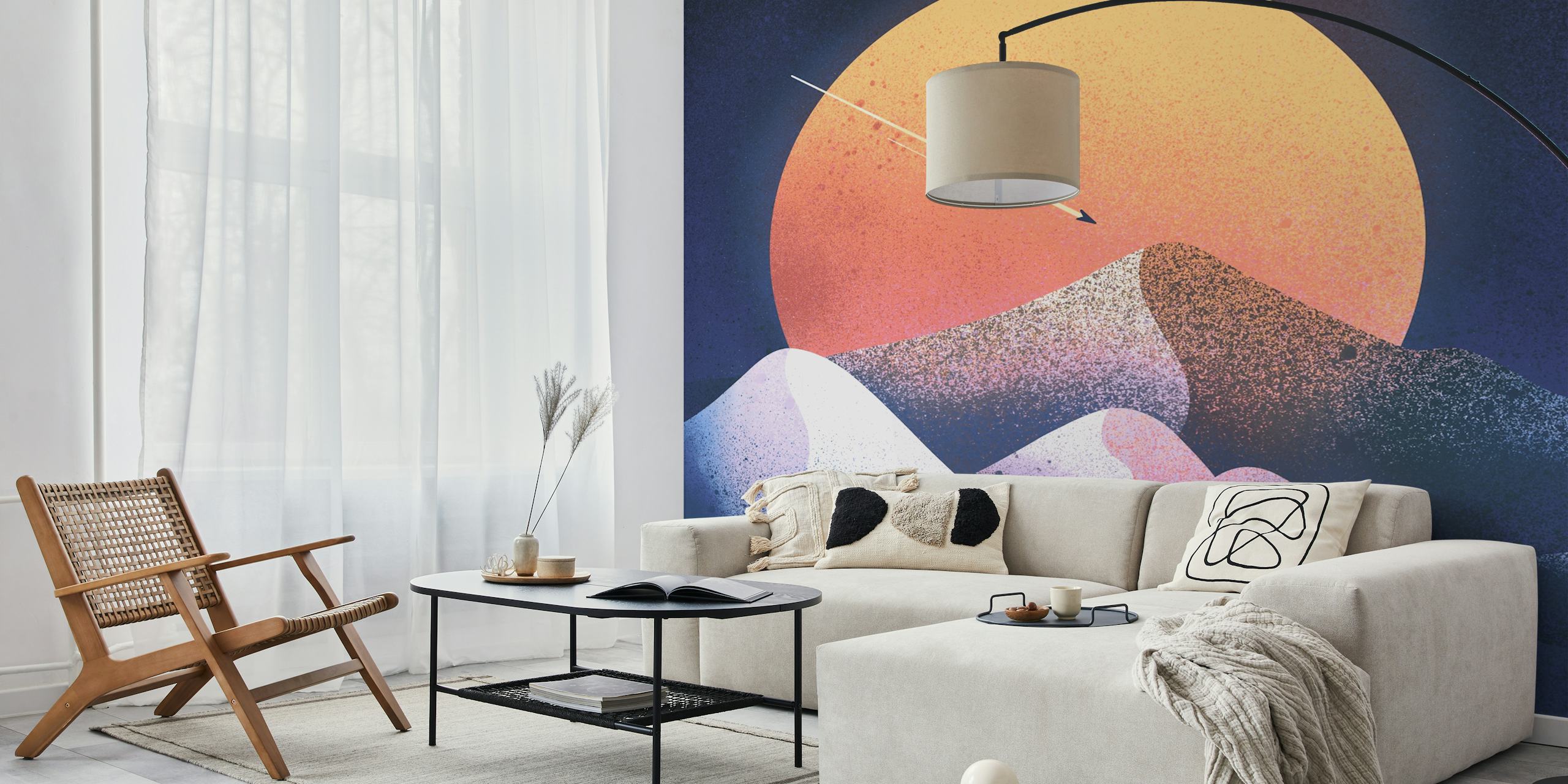 Abstract mountains with blue gradients and orange sun wallpaper