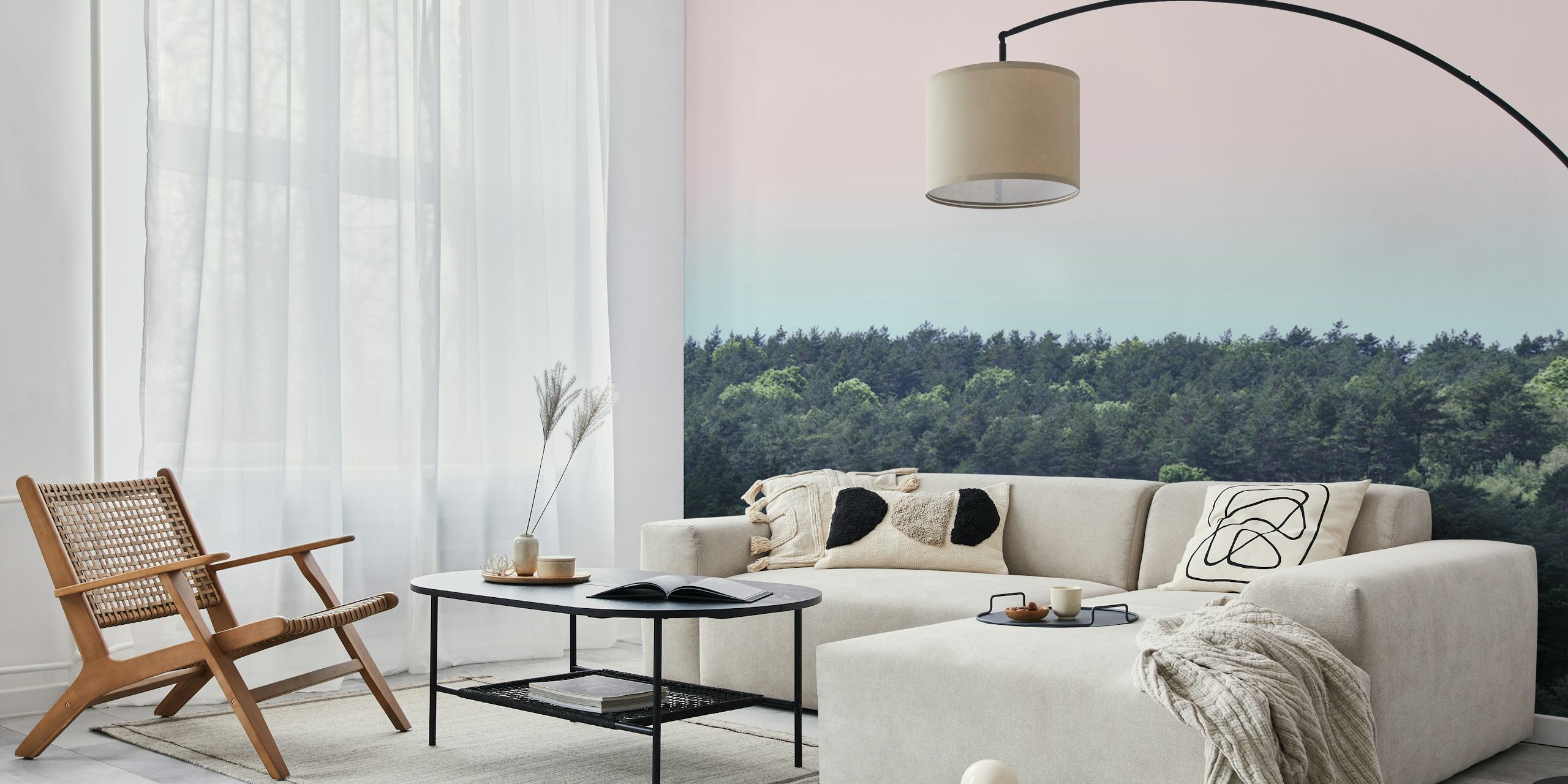 Trees tops at dusk wallpaper in a room