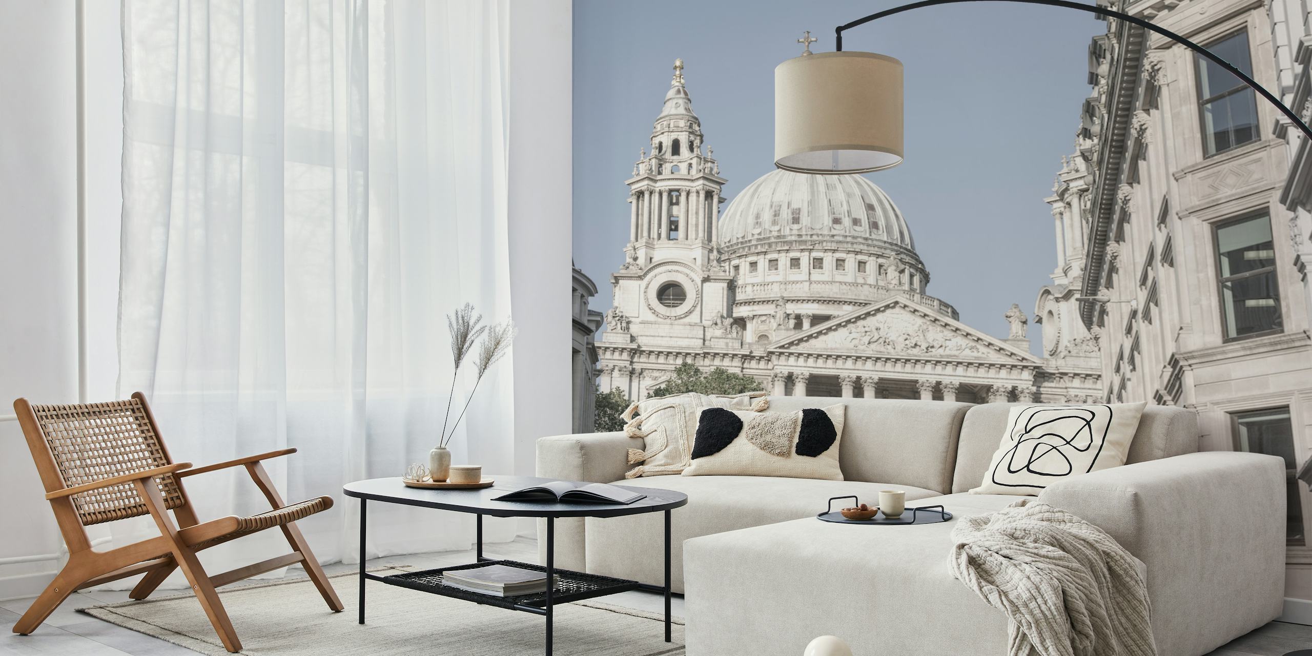 Grey architectural wallpaper featuring London's cathedral with detailed domes and spires.