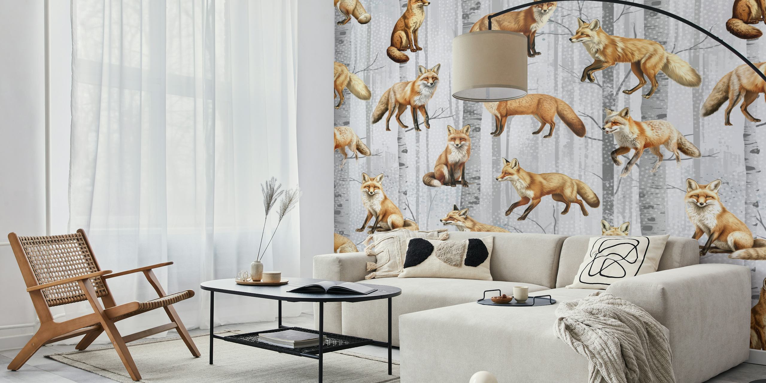 Various foxes in a forest setting with birch trees wallpaper