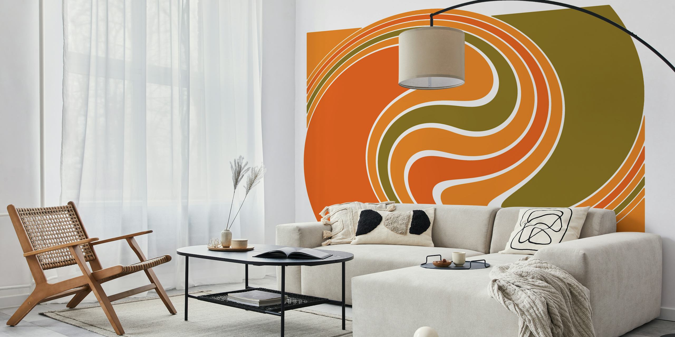 Retro geometric wave pattern in orange, green, and white wallpaper