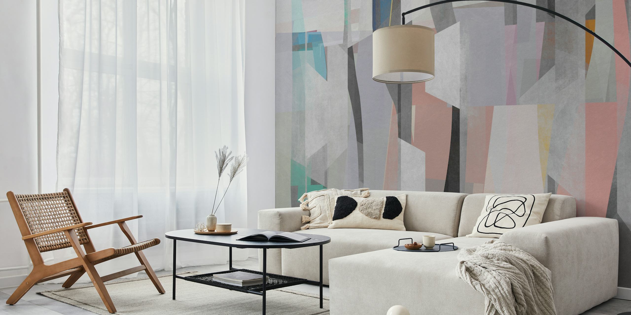 Abstract pastel colors patchwork wall mural with geometric shapes in soft blues, pinks, and grays.