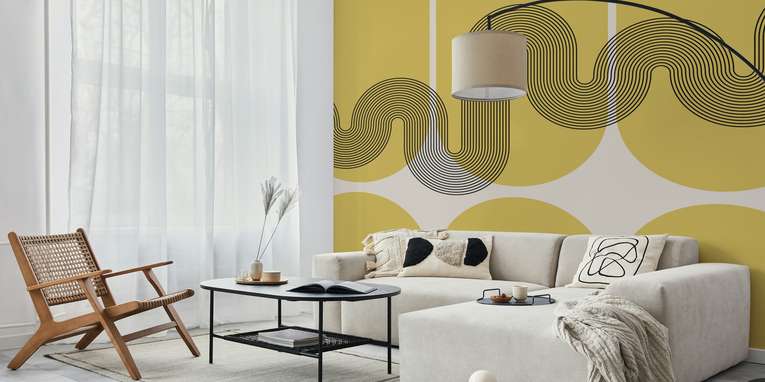 Mid-Century Bold Shapes Wave Minimalist wall mural with mustard and grey hues