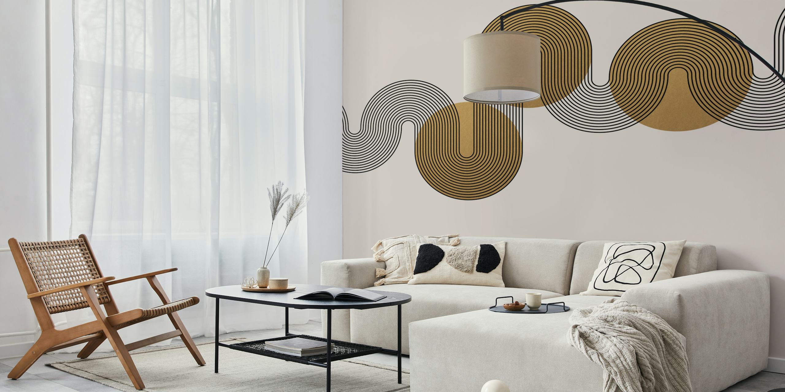 Geometric wave pattern in black and gold on light background wallpaper