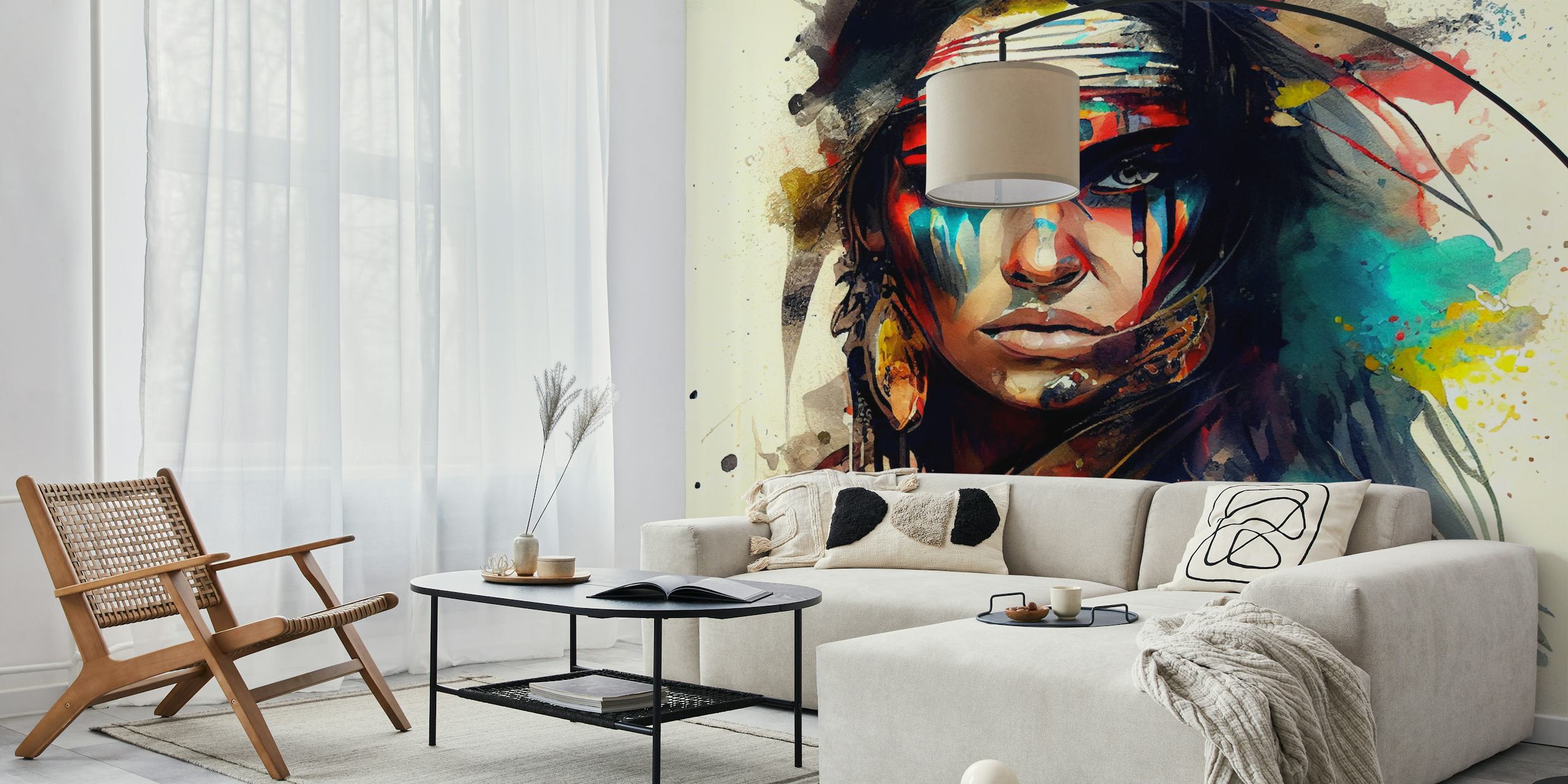 Colorful Native American woman portrait with vibrant hues wallpaper