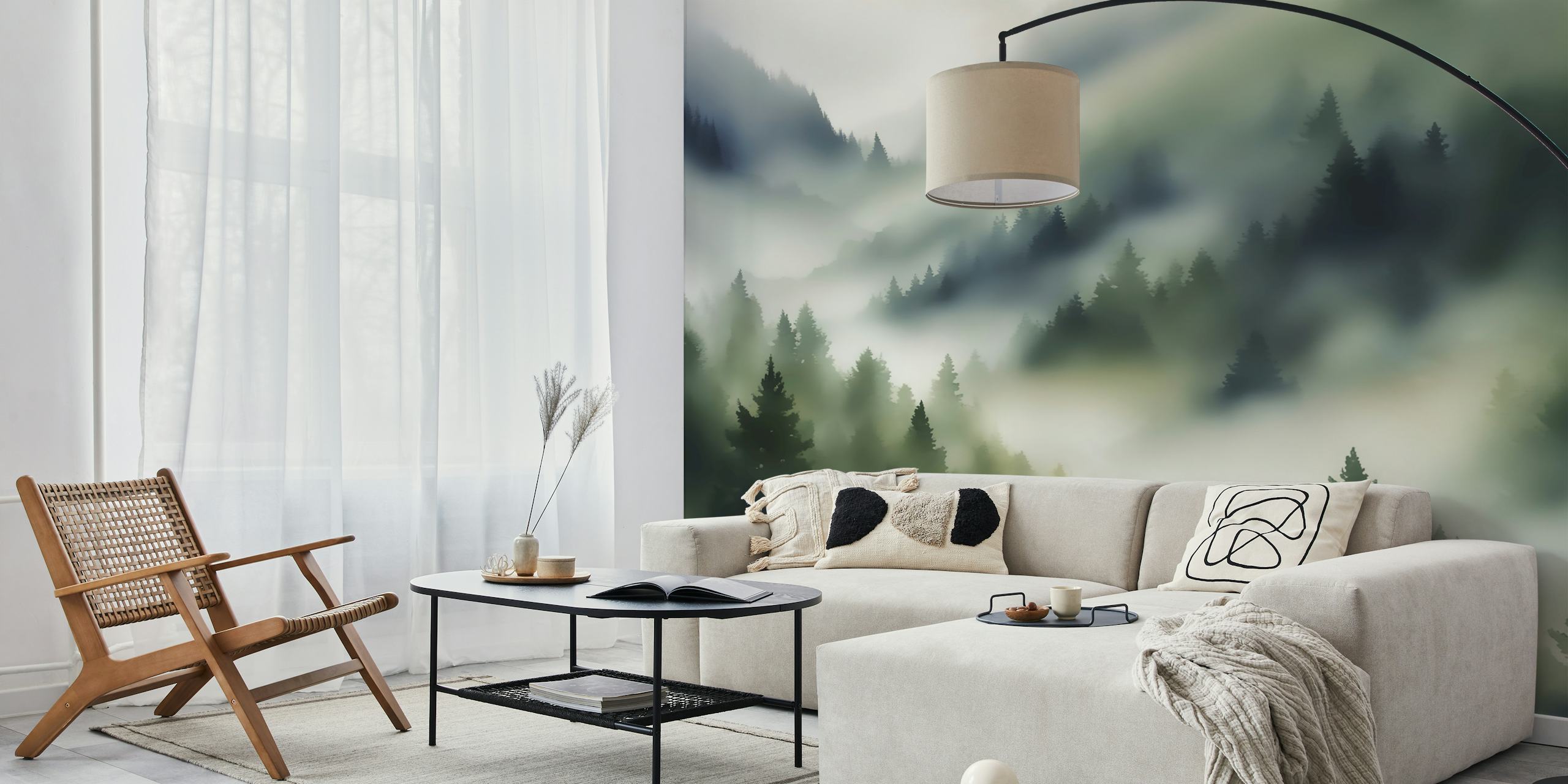 Misty moody forest wallpaper in a room