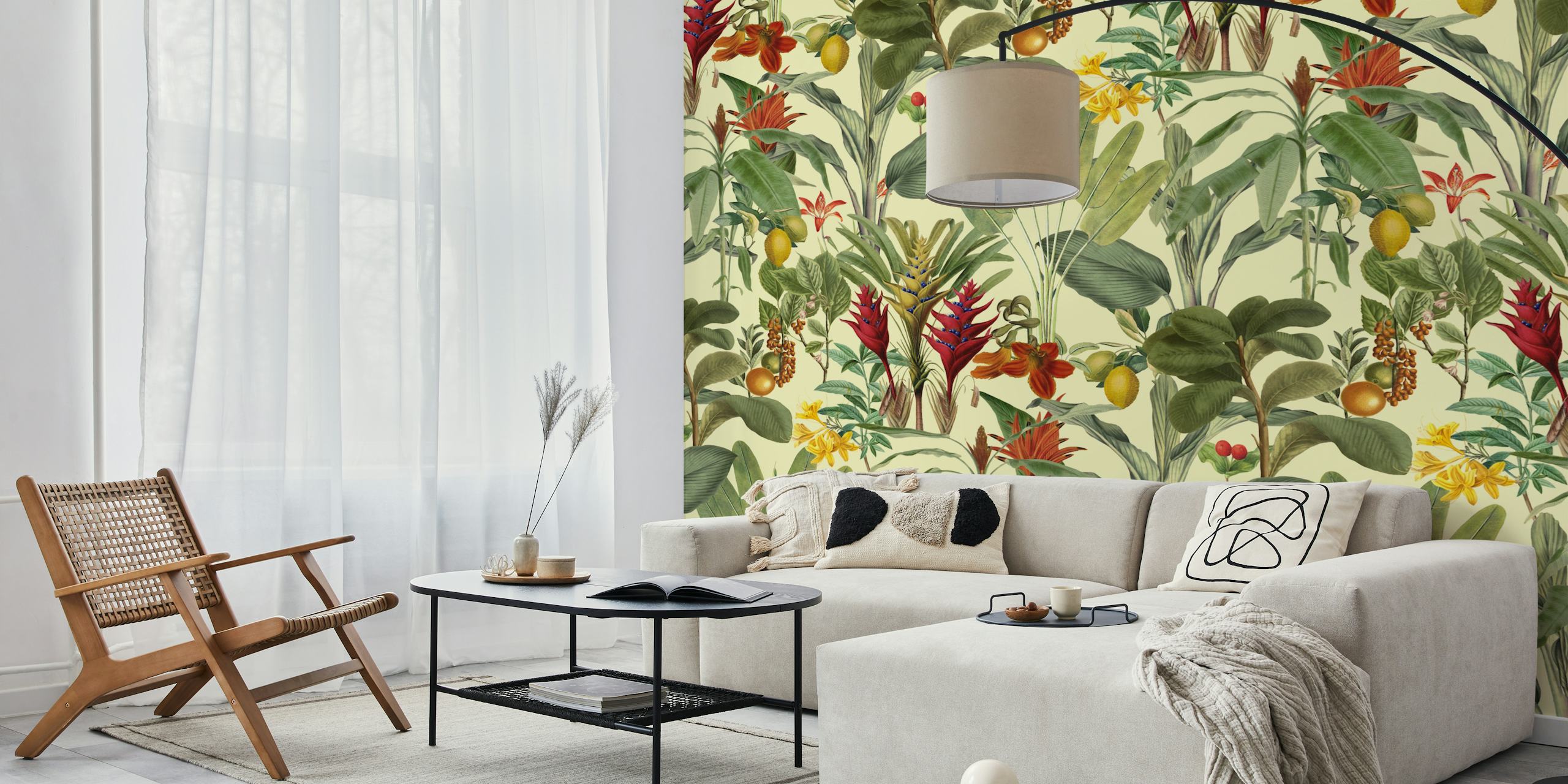 Vibrant tropical floral patterns with green leaves and colorful flowers wallpaper