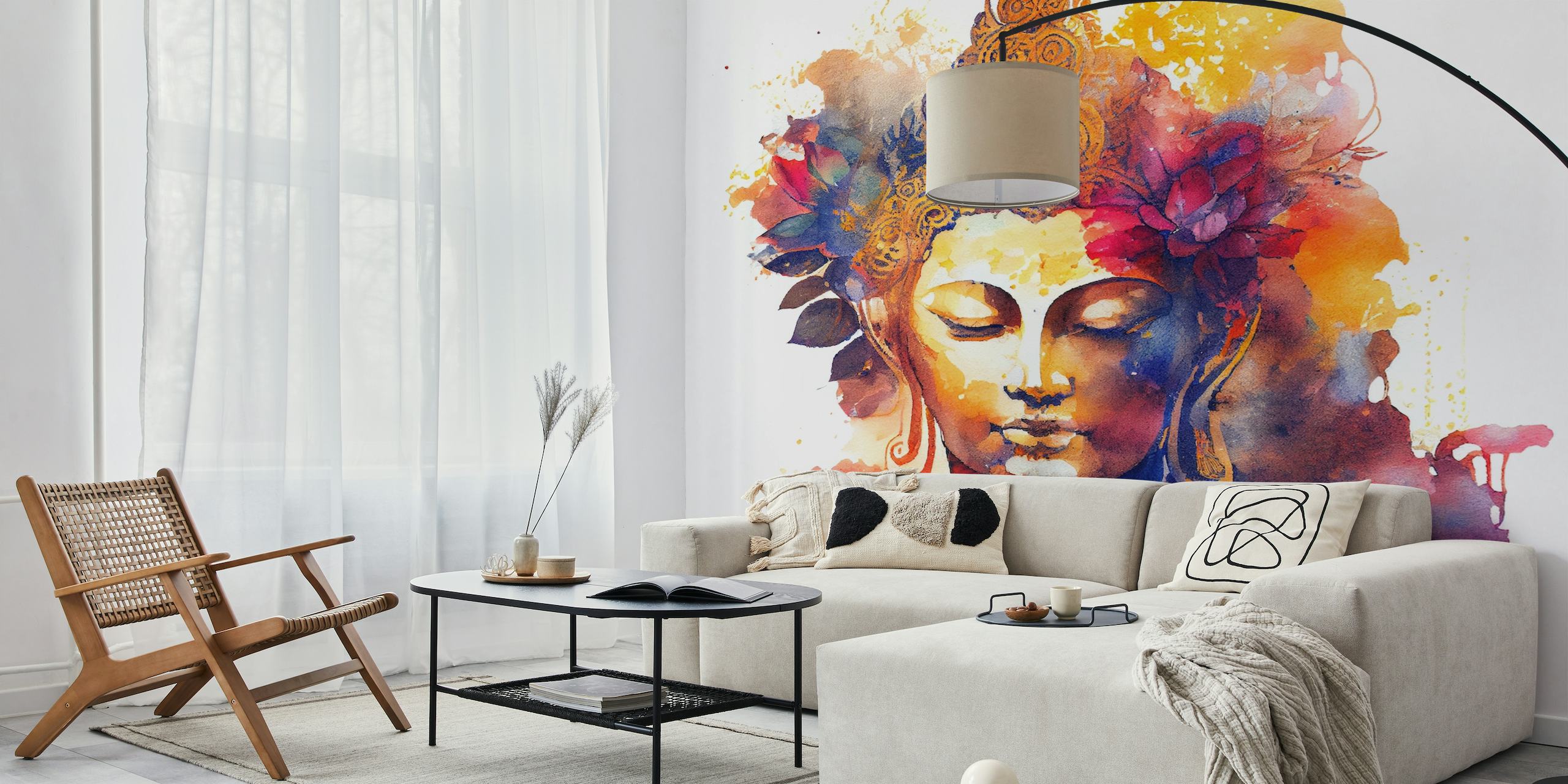 Watercolor Buddha mural with warm hues and serene ambiance