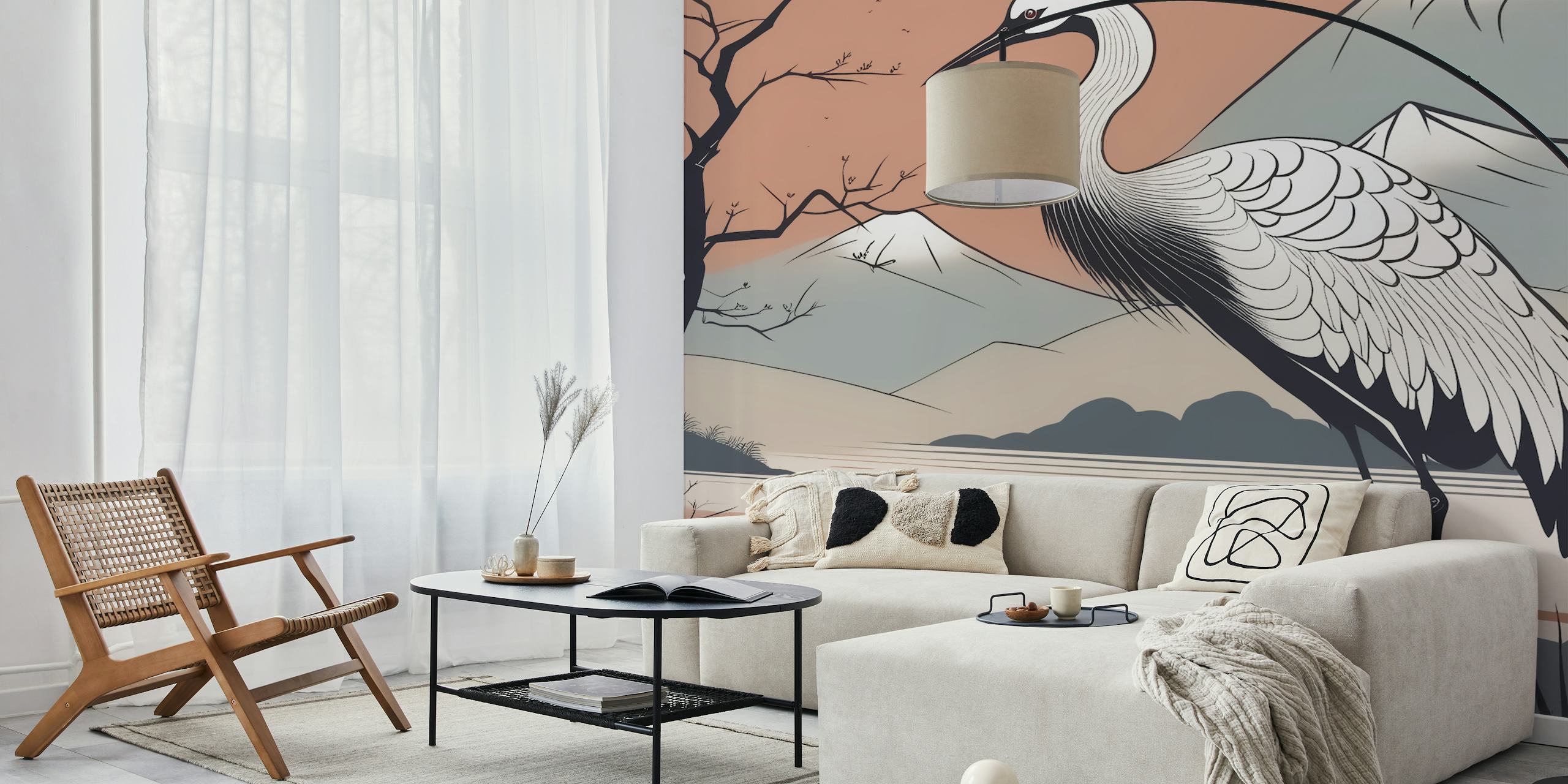 Art Deco crane illustration with mountains and trees in beige, gray, and white wallpaper