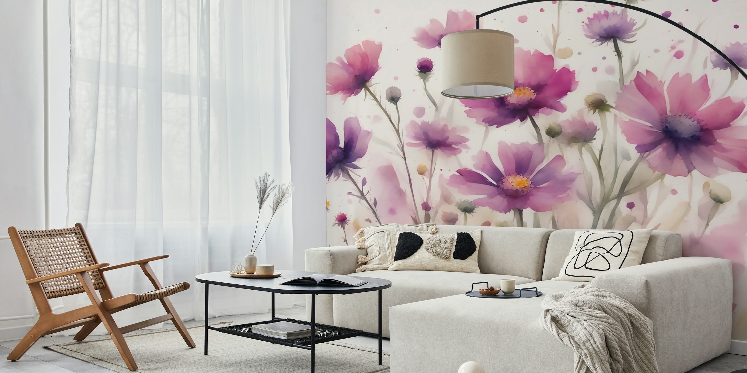 Magenta wildflowers wall mural with a soft-focus background