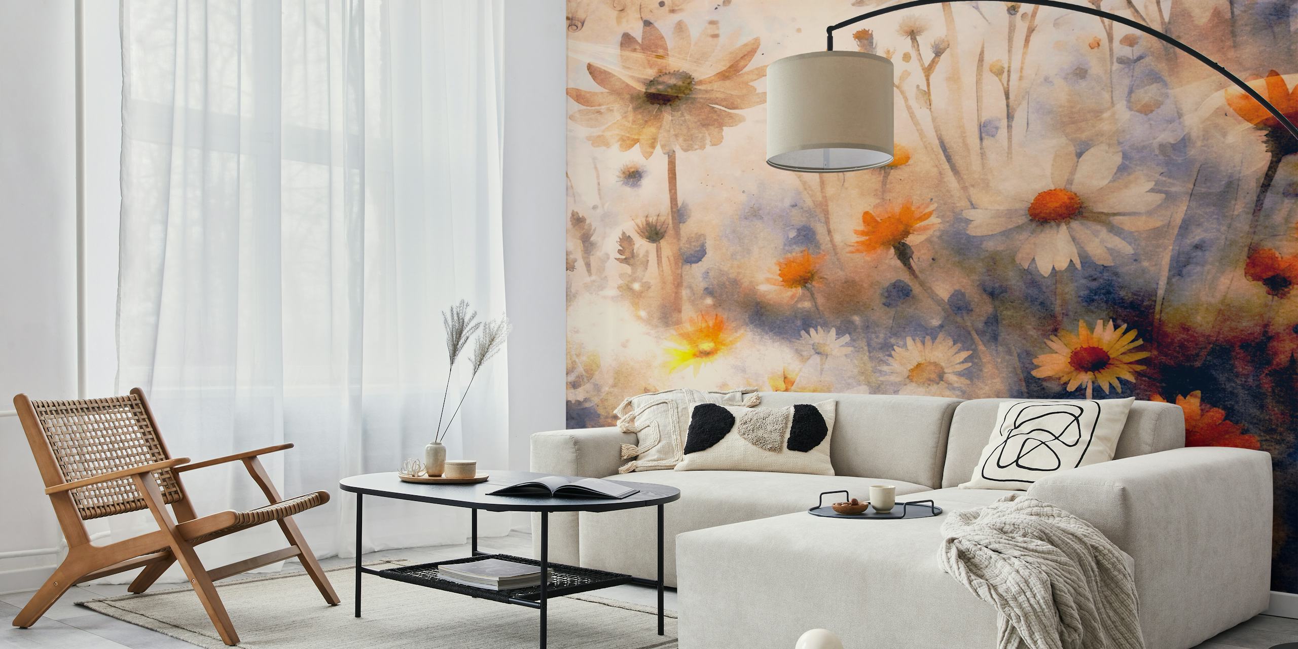 Moody Summer Garden muurschildering met etherische bloemen in een dromerige omgeving met zacht licht