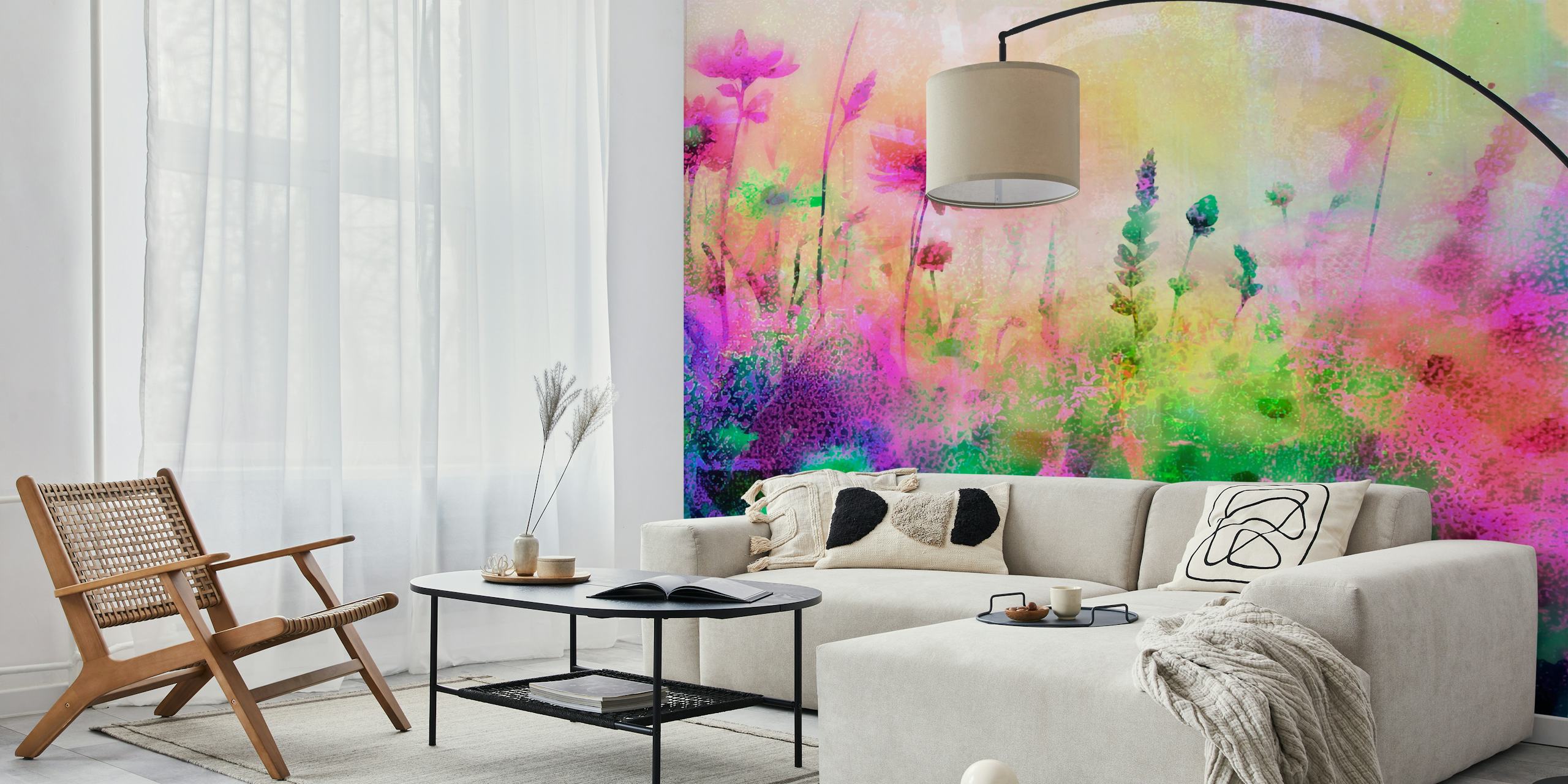 Vibrant floral design with pink and green hues wallpaper