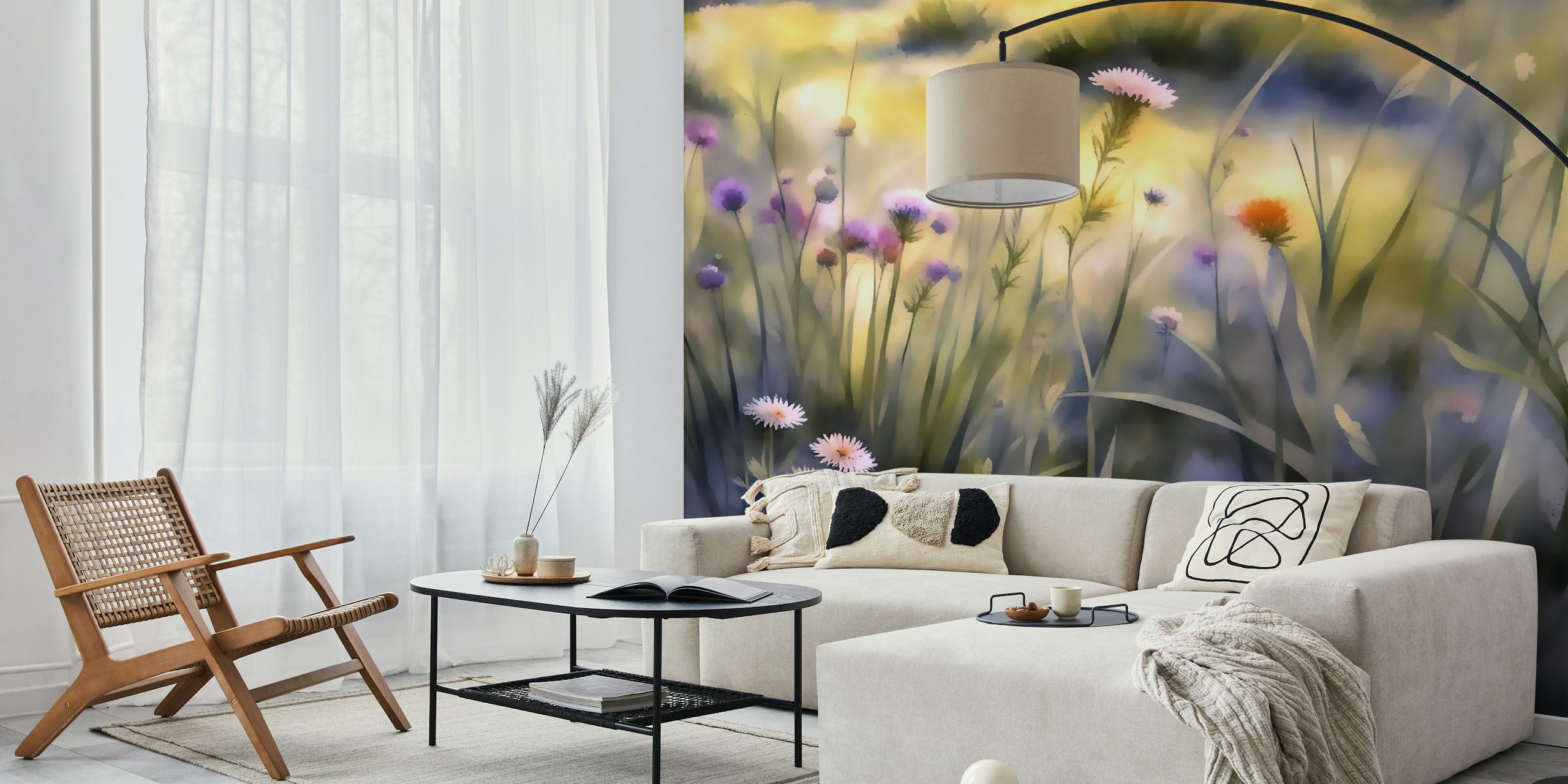 Fantástico fotomural de flores silvestres y hierbas en tonos morados y amarillos
