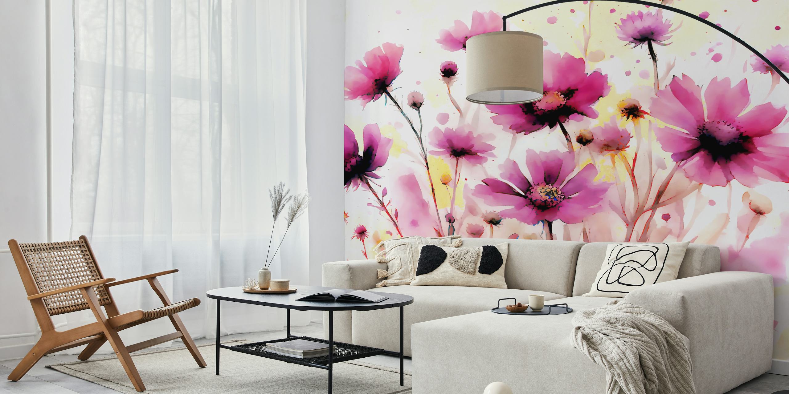 Carta da parati Floral Abstract Watercolor Magenta in una stanza