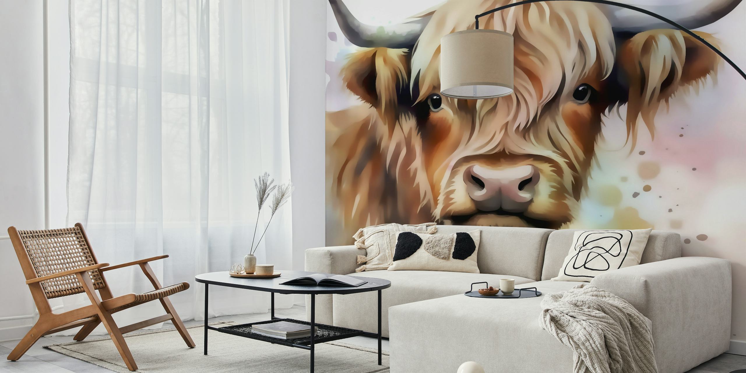 Highland cow art wall mural with watercolor design