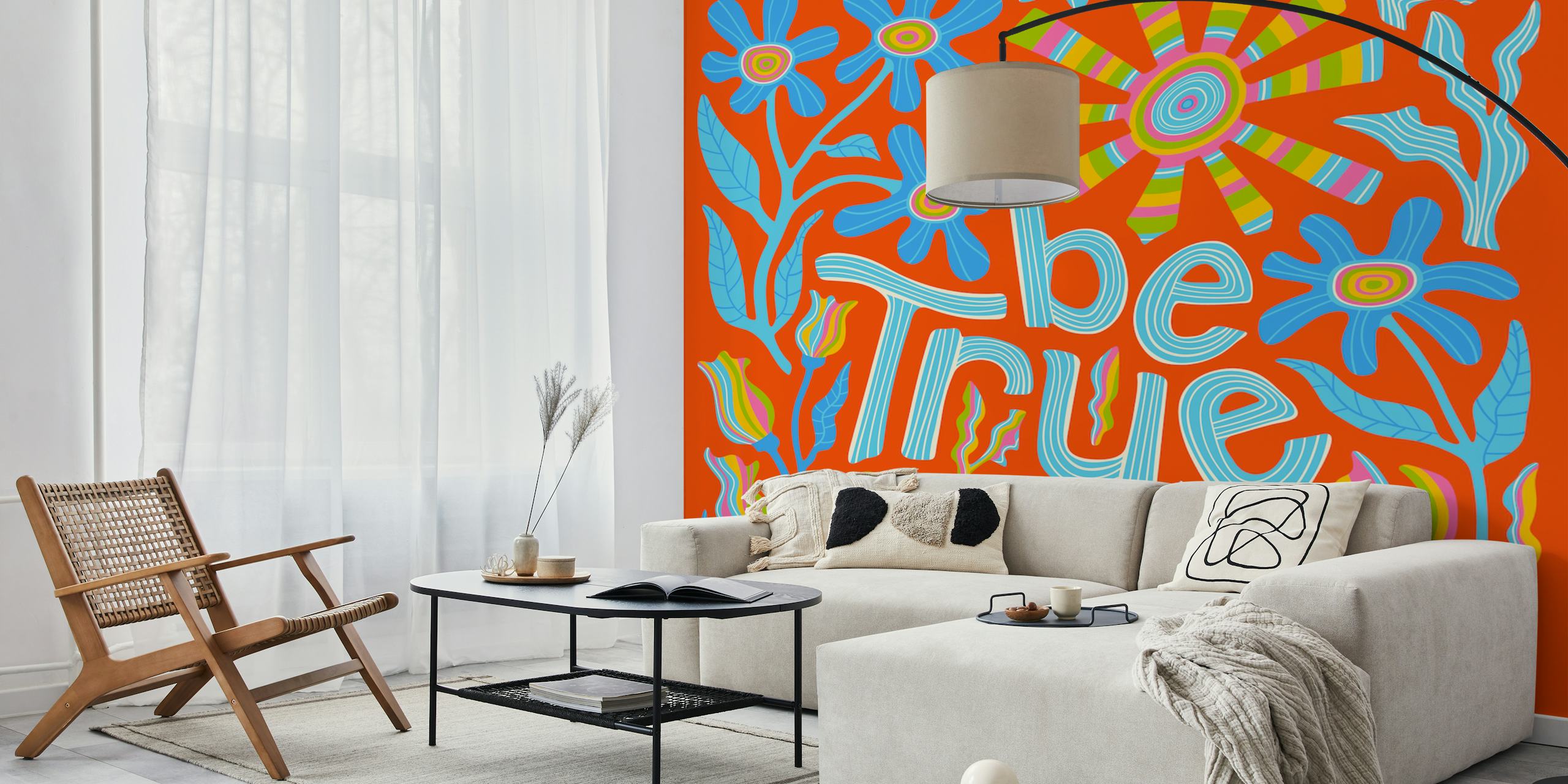 Colorful Be True Quote Wall Mural With Floral And Sun Designs On A Bright Orange Background