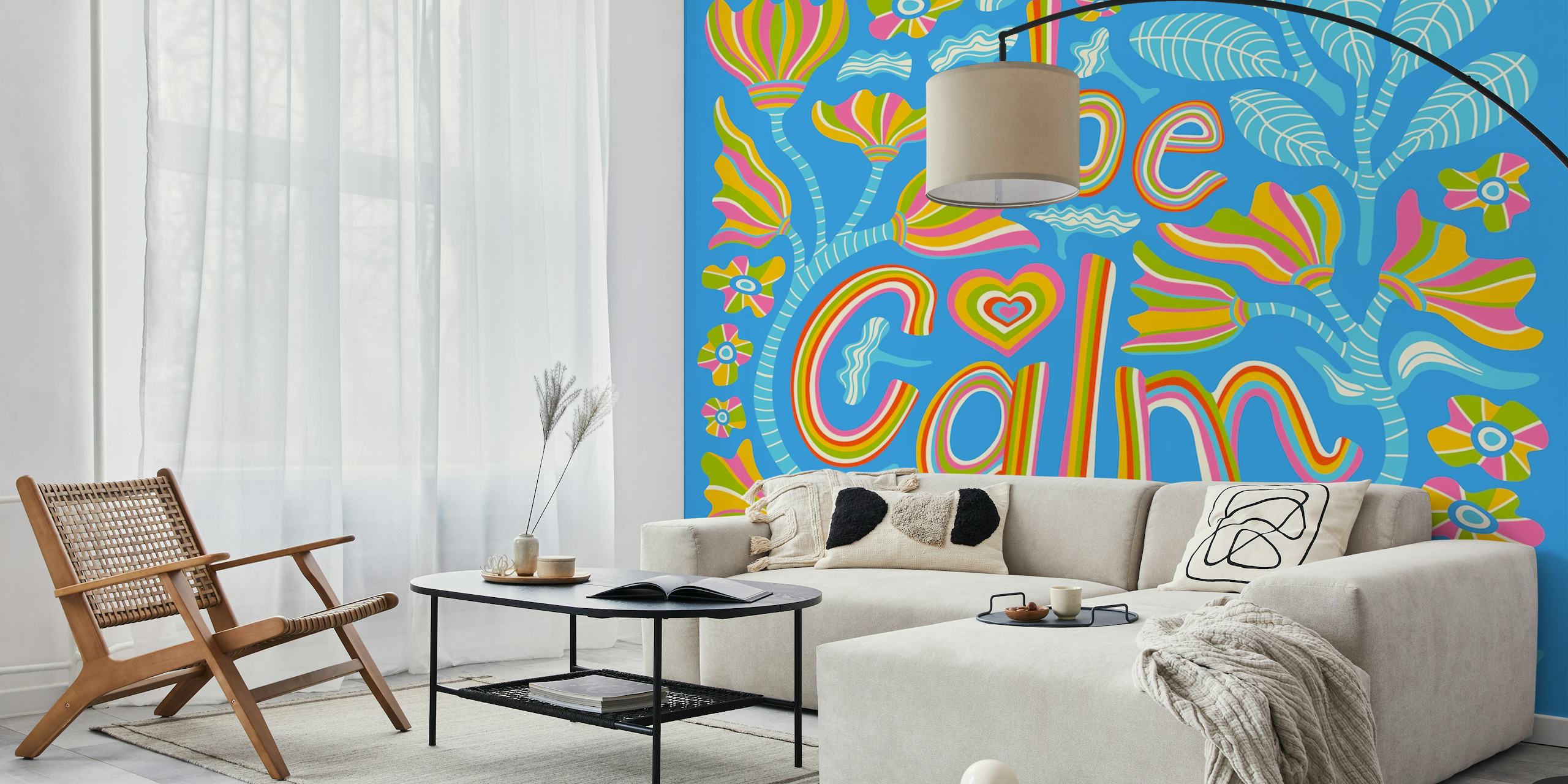 Colorful flowers and lettering saying 'Be Calm' on vibrant blue wallpaper