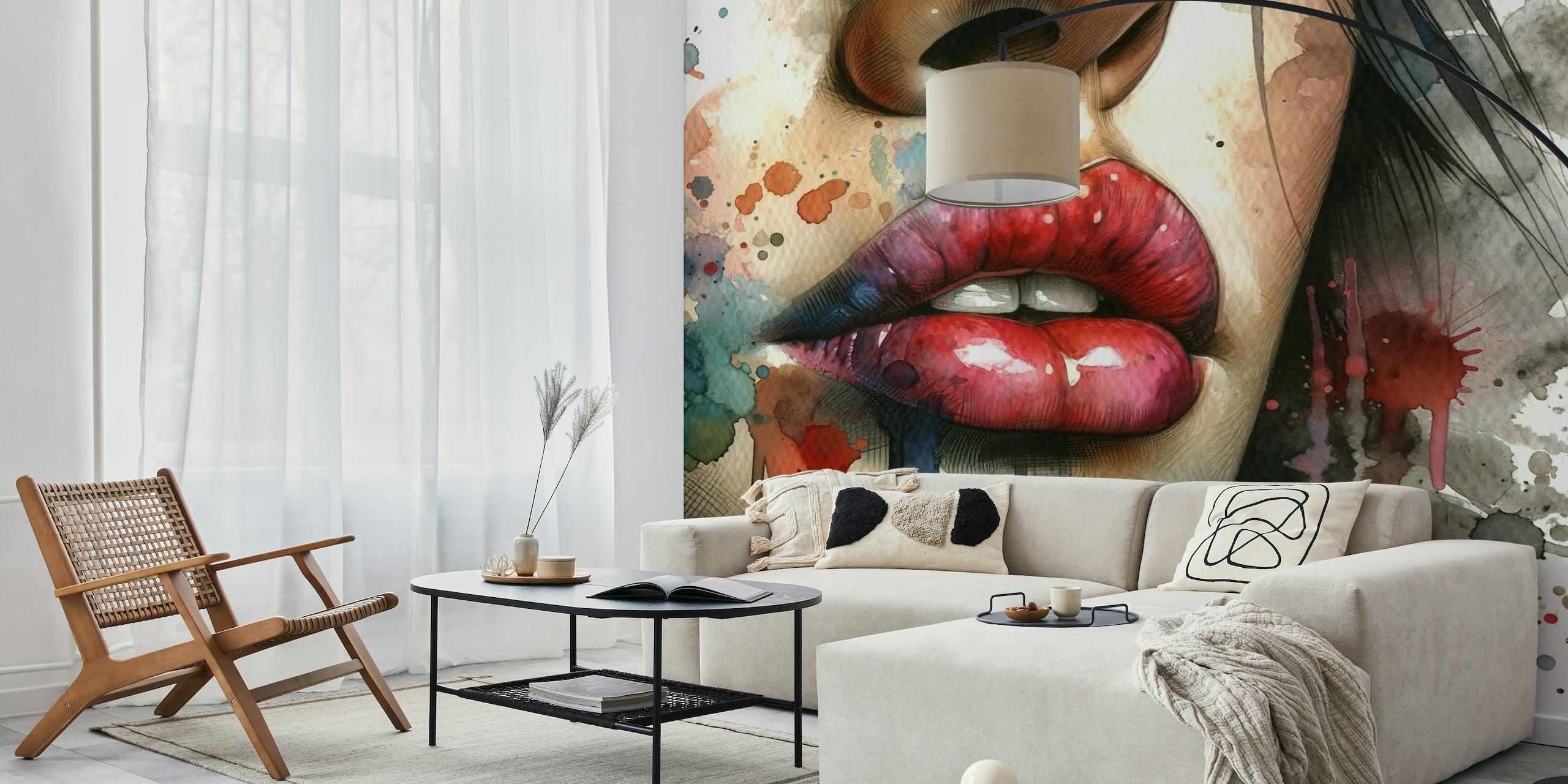 Abstract aquarel muurschildering van de lippen van een vrouw met levendige kleuraccenten